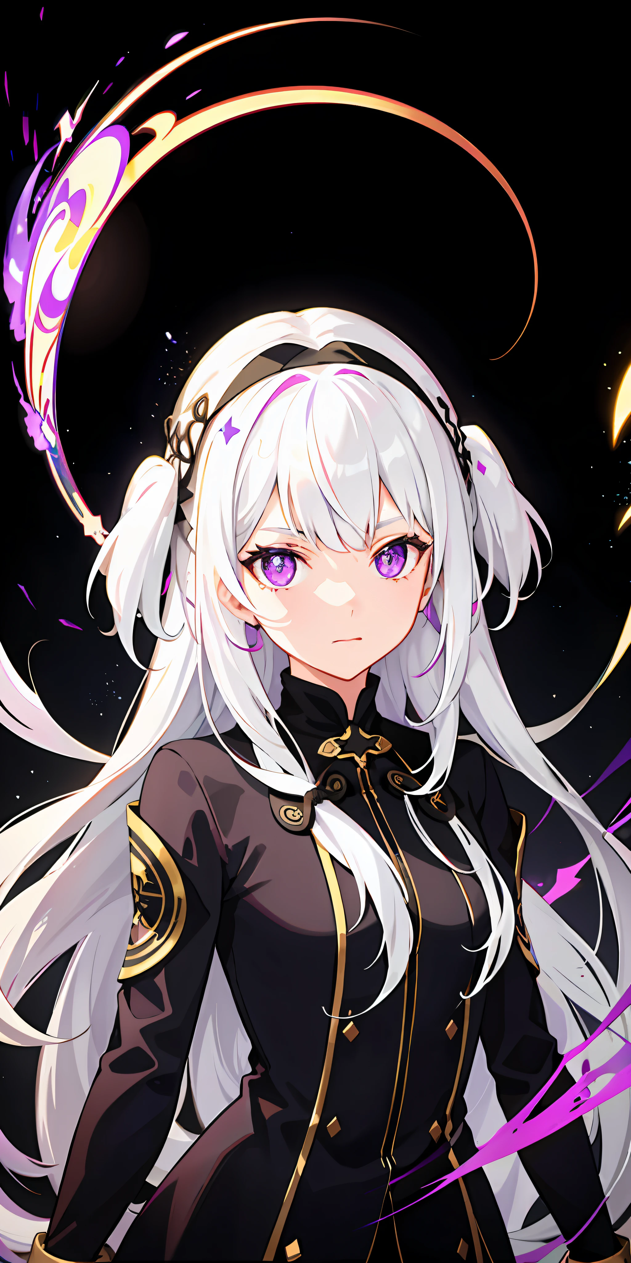 1girl, white hair, multicolored hair, purple eyes, mask on head, sidelighting, light particles, wallpaper,