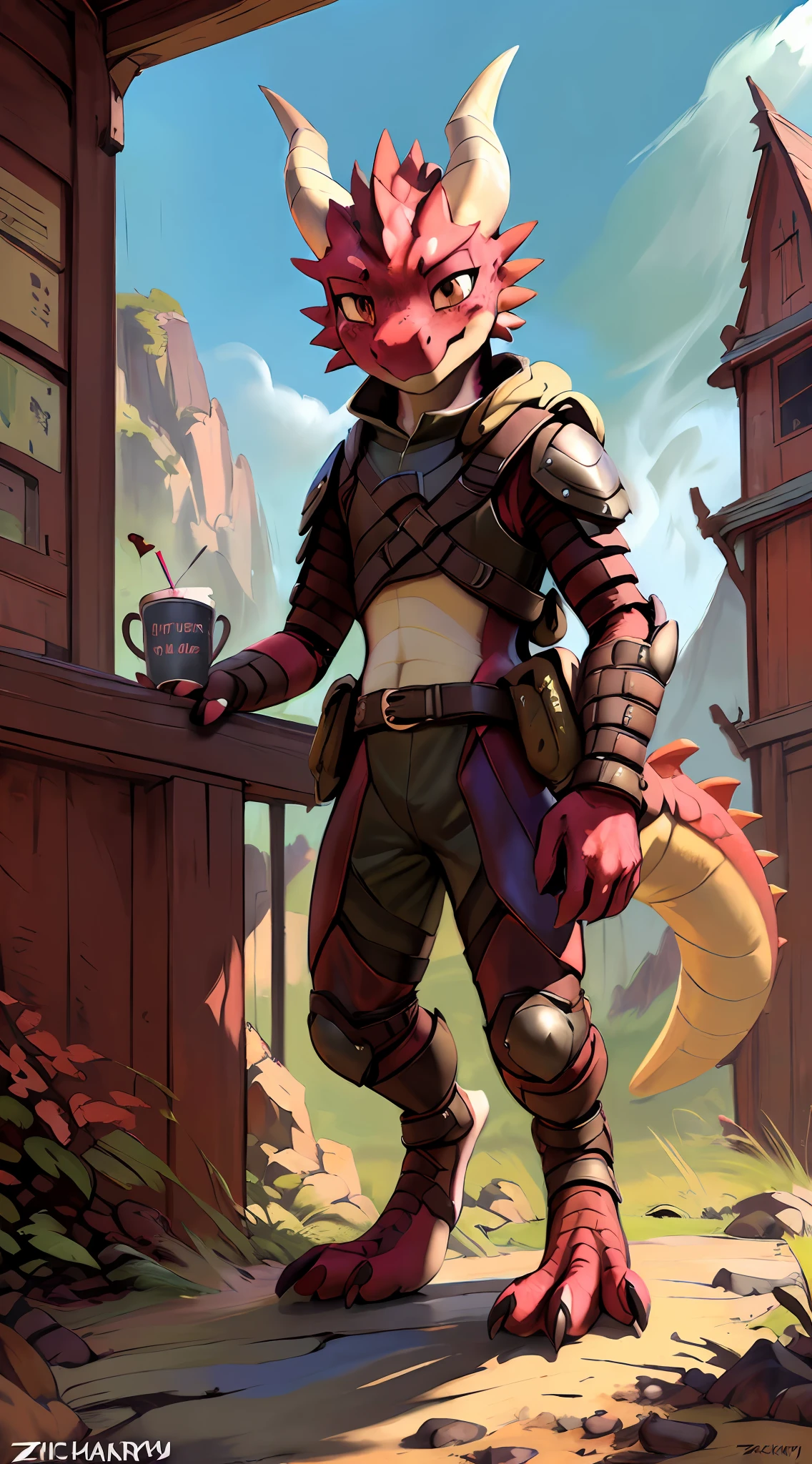 (((by Zackary911, by Kenket, by Kilinah))), solo male (((Kobold)), (detailed kobold)) wearing leather armor, muscular toned, squirrel ears, kobold tail, messy hair, front view, looking at the observer with an embarrassed smile, blush, holding  a cup of juice, perspective, finely detailed paws, adventure backpack, knifes