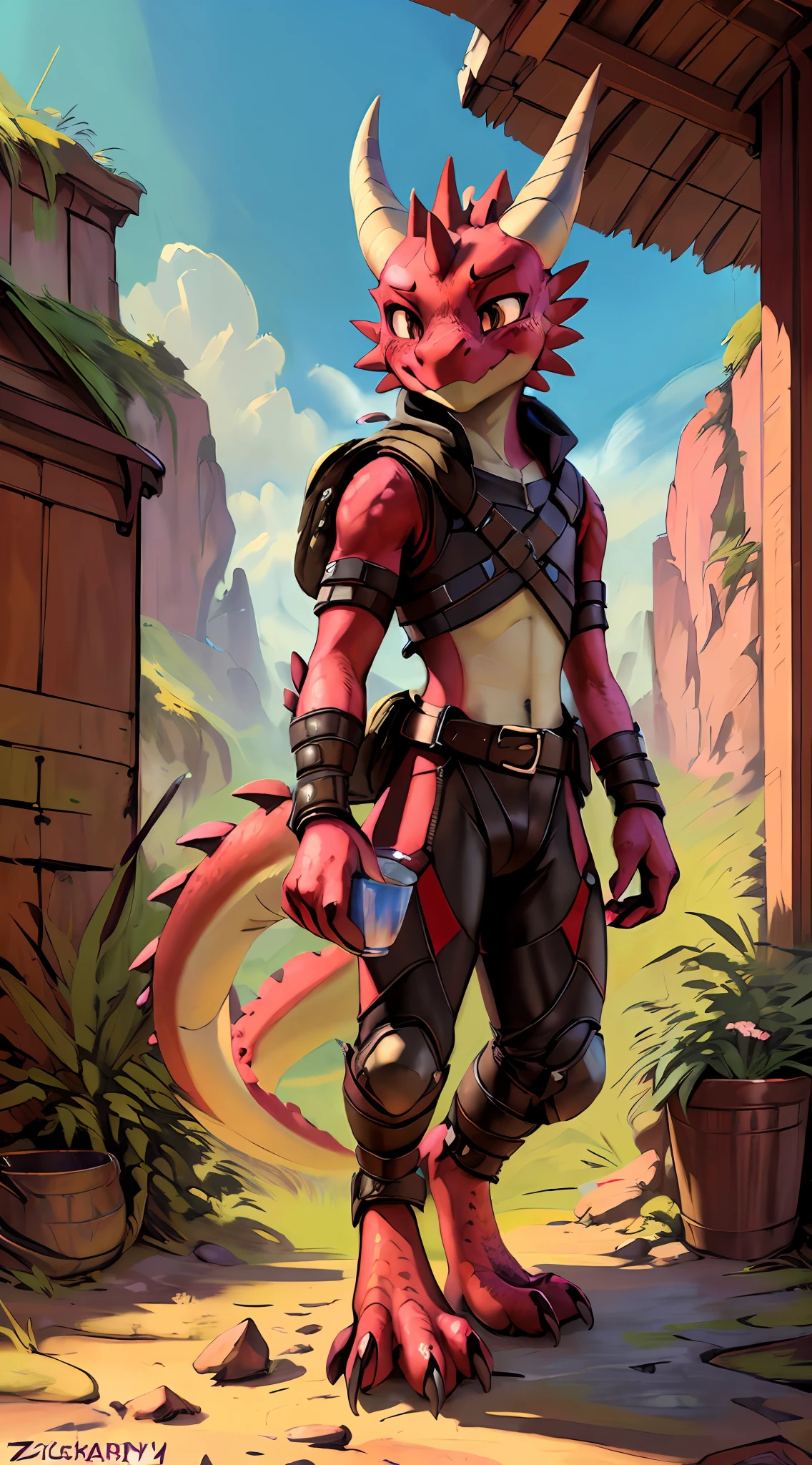 (((by Zackary911, by Kenket, by Kilinah))), solo male (((Kobold)), (detailed kobold)) wearing leather armor, muscular toned, squirrel ears, kobold tail, messy hair, front view, looking at the observer with an embarrassed smile, blush, holding  a cup of juice, perspective, finely detailed paws, adventure backpack, knifes