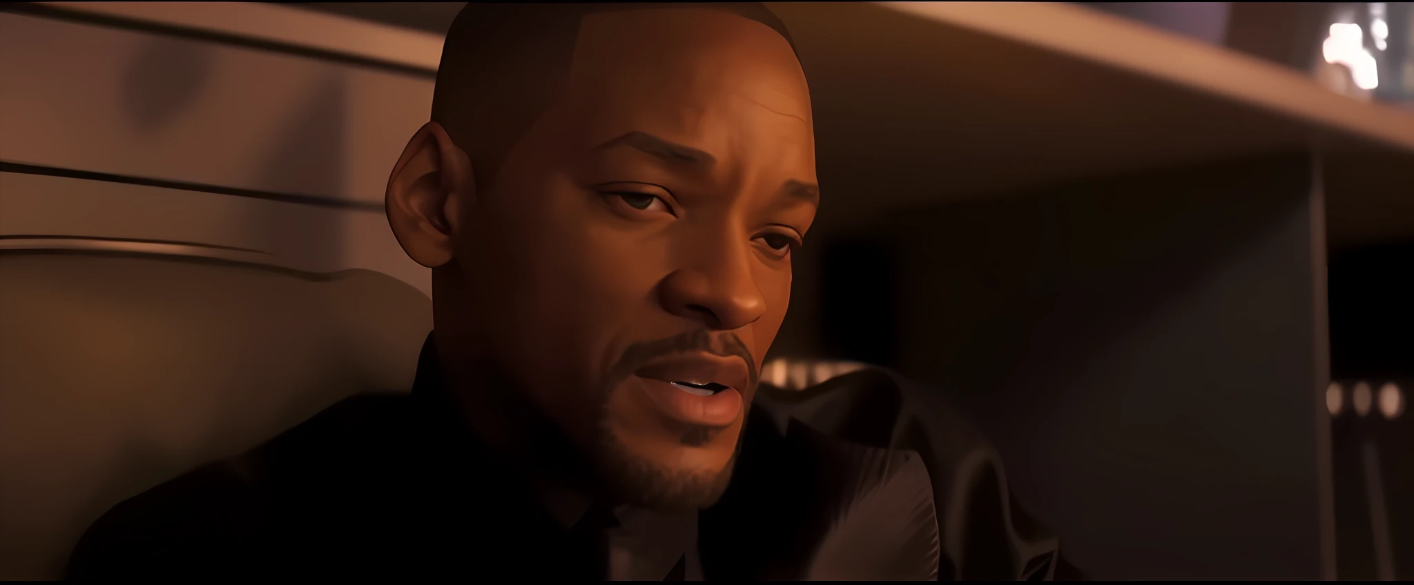 A closeup of a man in a black shirt and tie, Will Smith portrait of Will Smith, Morpheus, in a science fiction movie, YouTube video screenshot, Popcorn as Morpheus, Will Smith Disney Infinity, I'm the movie legend,