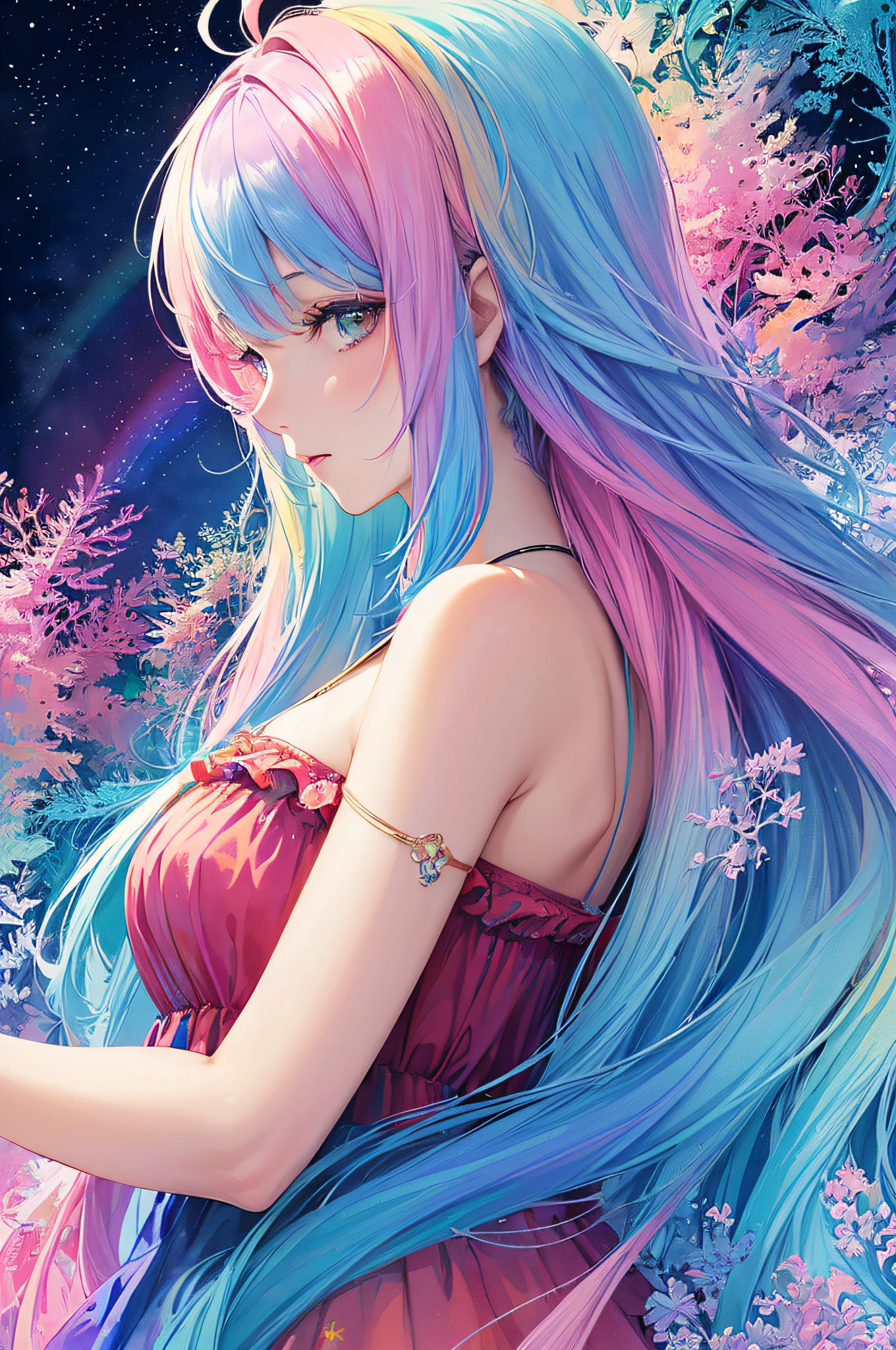 (masterpiece, top quality, best quality,watercolor (medium),official art, beautiful and aesthetic:1.2),(1girl:1.3), (fractal art:1.3),upper body, from side, looking at viewer,patterns,(rainbow color Hair,colorful hair,half blue and half pink hair:1.2),water,liquid, cloud,colorful, starry,stars,