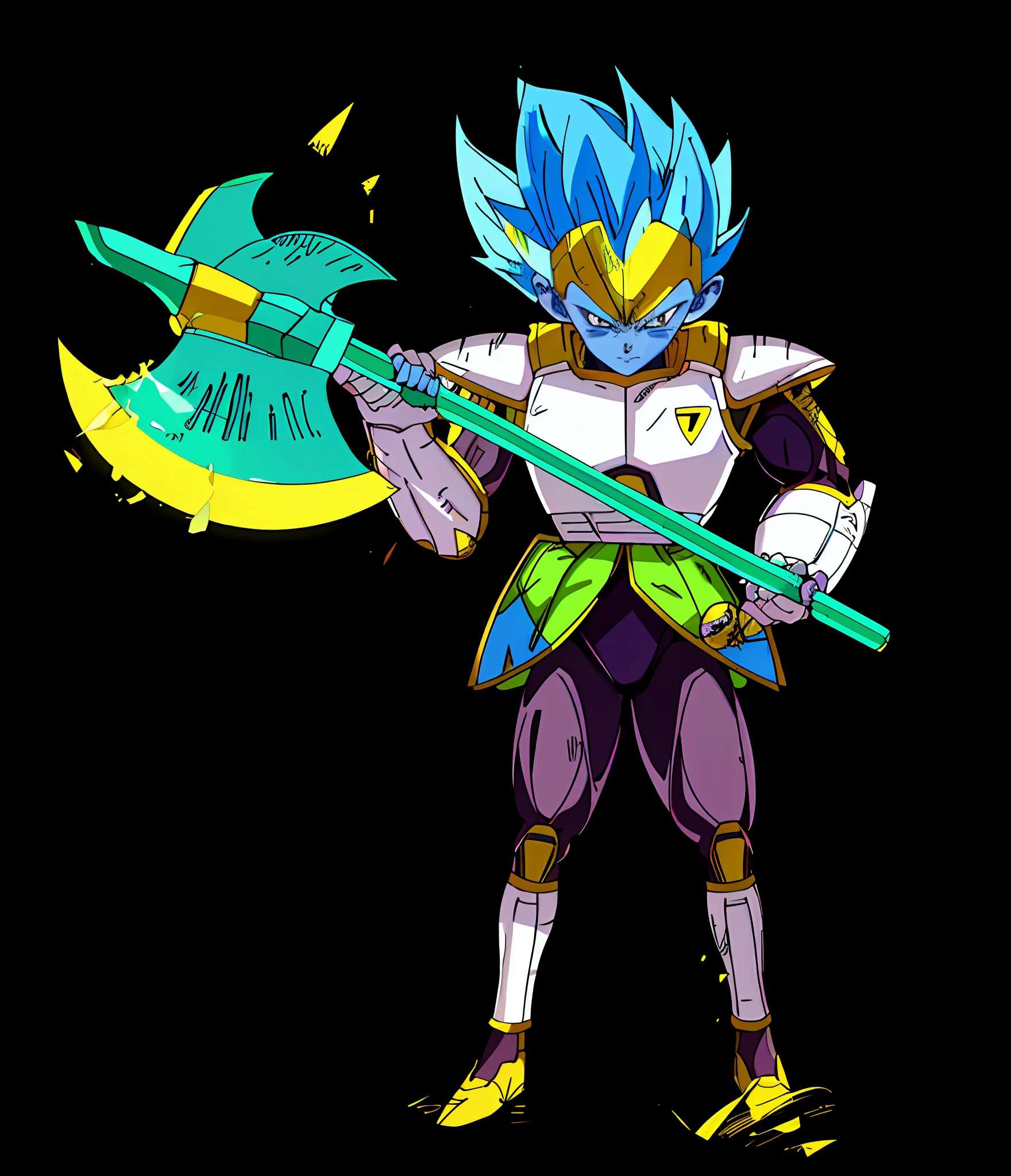 super saiyan, blue skin, vegeta armor, green axe, yellow visor, yellow legs, smug, hd, highres