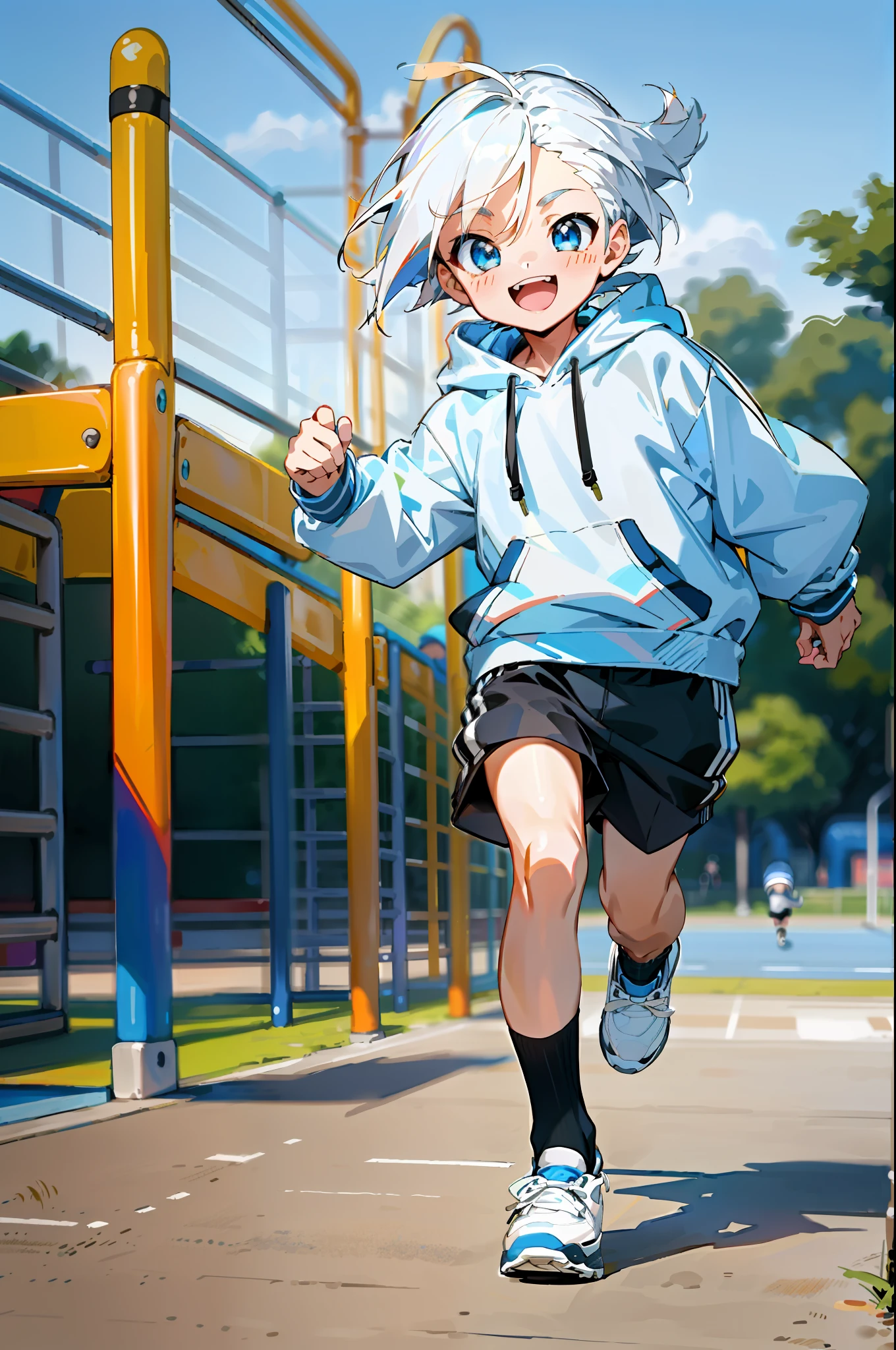 HD picture, children's youthful style, animated face appearance, strong and vibrant blue eyes, playground background with other children in background, white Bob hairstyle 1boy, wearing slim white hoodie and black knee socks, shorts, happy micro back, black shoes, depth of field, running sprint, hands in clothes pockets.