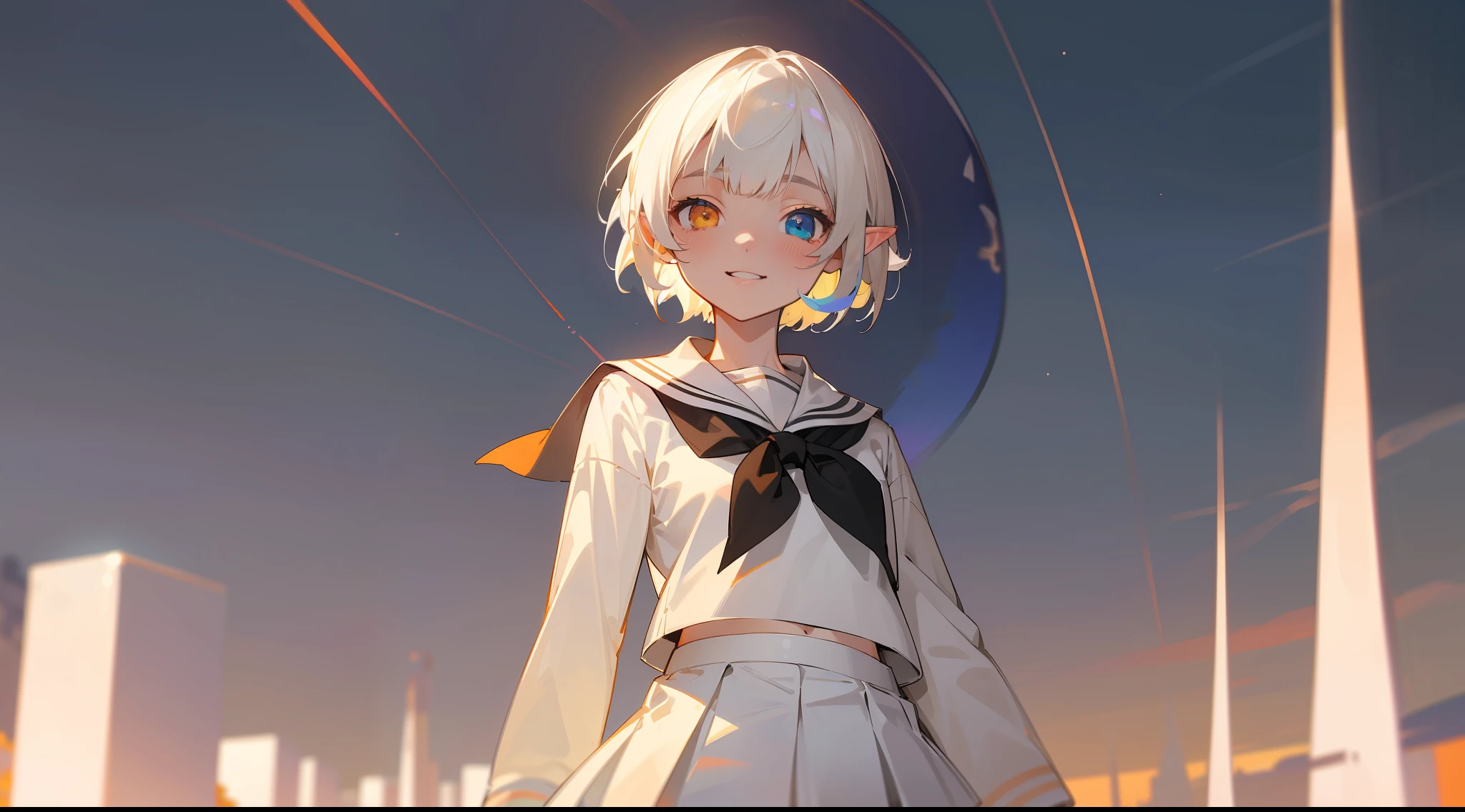 Top quality, masterpiece, super high resolution, night sky background, cowboy shot, one, kind-hearted elf girl, (slender), (small), platinum blonde short hair, (((heterochromia)), beautiful detail eyes, pale orange eyes, (sailor suit), miniskirt, smile that wants to protect