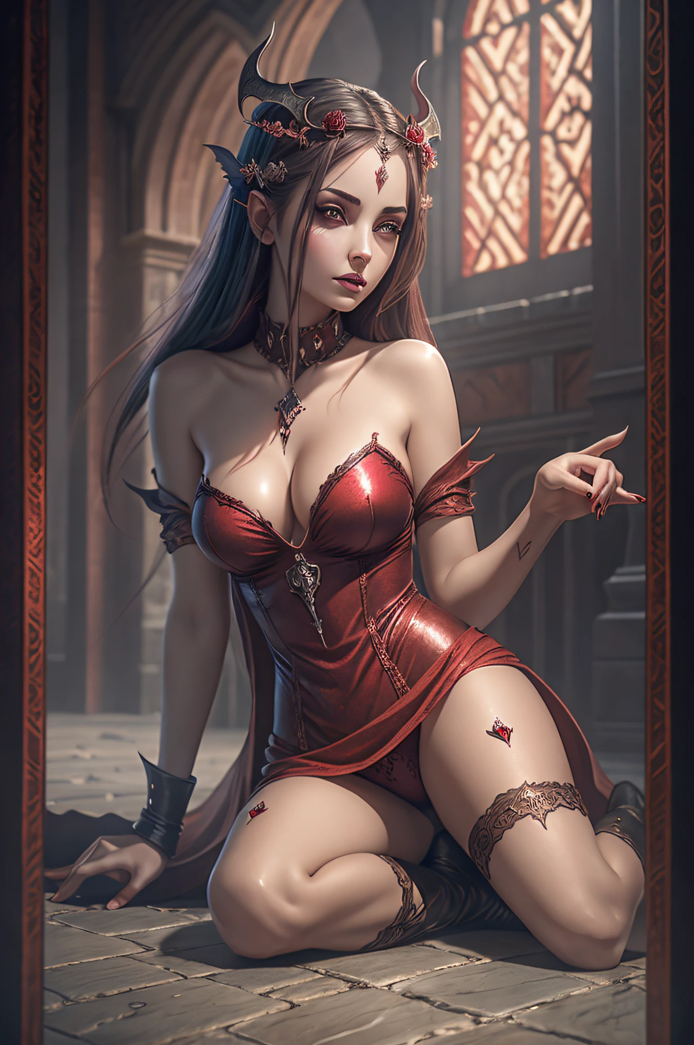 arafed woman in a red lingerie sitting on a stone floor, beautiful succubus, succubus | medieval, succubus, vampire girl, beautiful elegant demon queen, beautiful vampire queen, female vampire, gothic fantasy art, dark fantasy style art, dark fantasy horror art, dark fantasy art, deviantart artstation cgscosiety, succubus in tight short dress