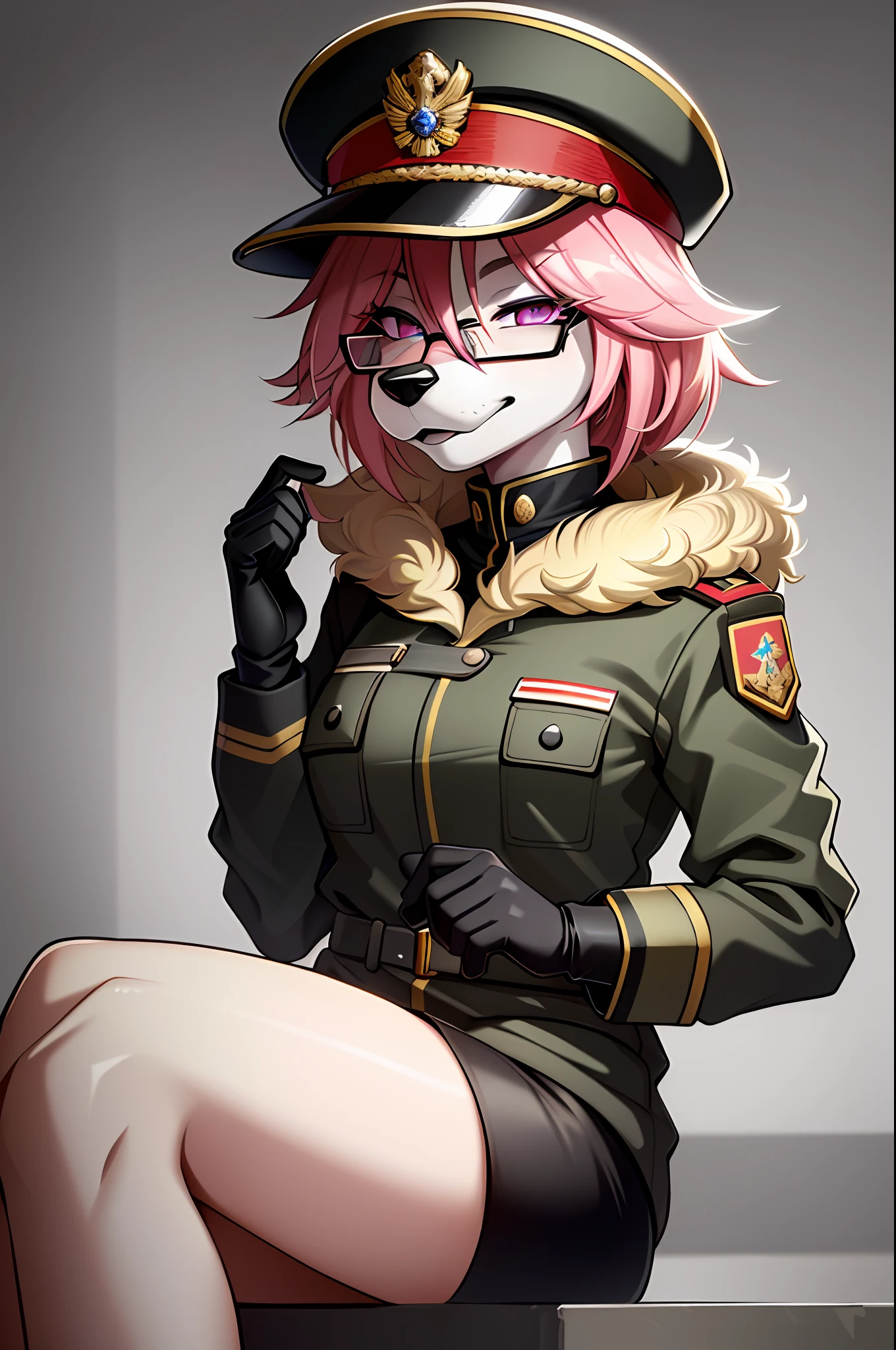 (masterpiece, best quality)), (Anthro Furry:1.3, muzzle:1.2, Anthro:1.3, Furry:1.2, closeup:1.2, female solo:1.2, (wearing Russian military coat) military pants, wearing glasses, Fox spiraled in the colors of Funtime Foxy,Five Nights at Freddy,white skin pink details, pink eyes, sexy position, deserted ambient place, Russian general military hat.