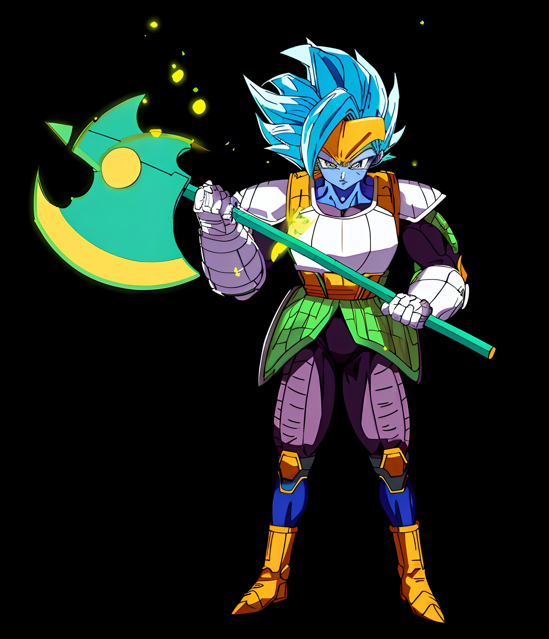 super saiyan, blue skin, saiyan armor, green axe, yellow visor, yellow legs, smug, hd, highres