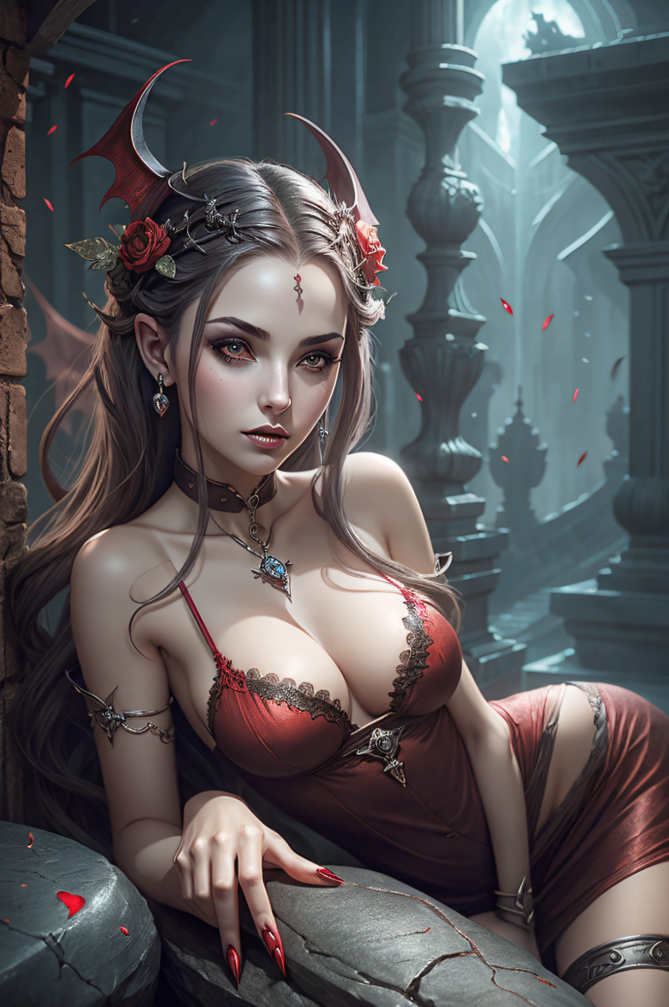 arafed woman in a red lingerie sitting on a stone floor, beautiful succubus, succubus | medieval, succubus, vampire girl, beautiful elegant demon queen, beautiful vampire queen, female vampire, gothic fantasy art, dark fantasy style art, dark fantasy horror art, dark fantasy art, deviantart artstation cgscosiety, succubus in tight short dress