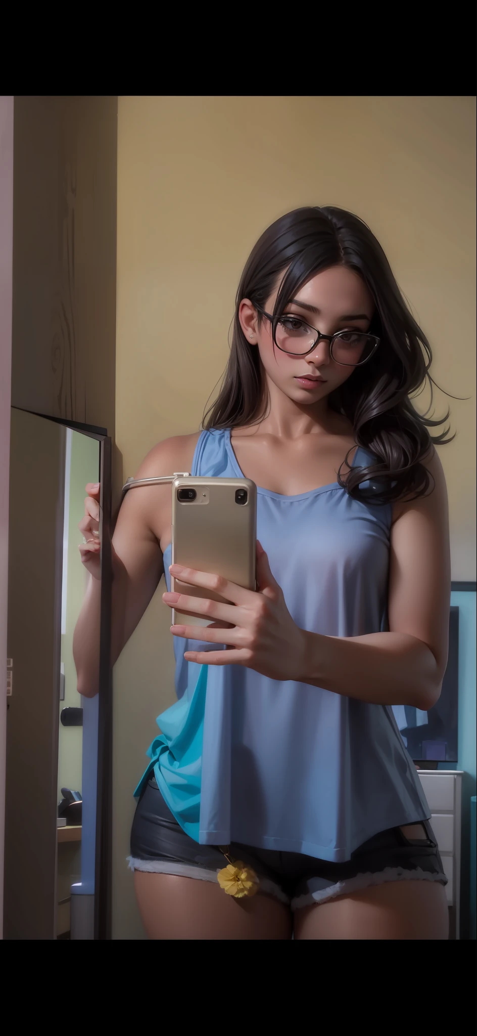 Girl with 19 years very beautiful, without Instagram effect, taking self in the mirror with cell phone