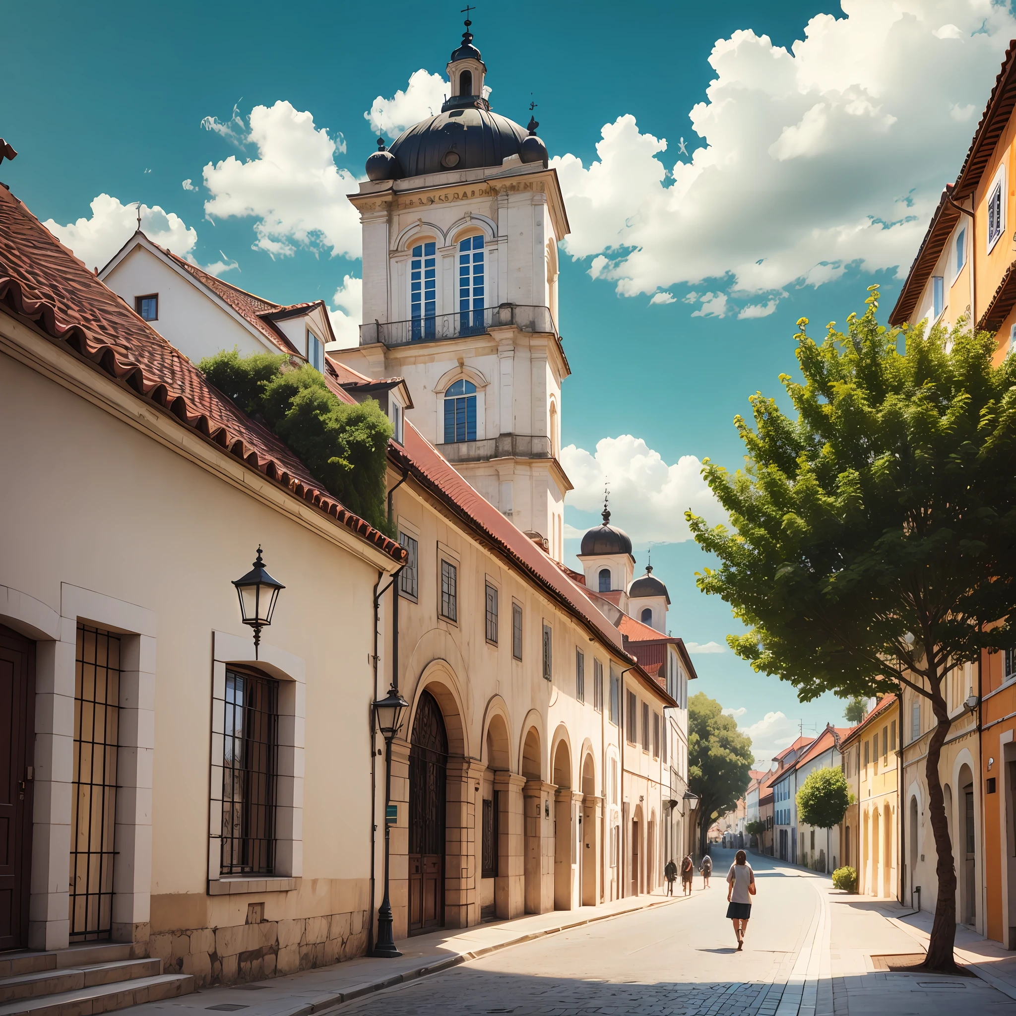 Portuguese architecture, central-european architecture, street, town, trees, church --auto --s2