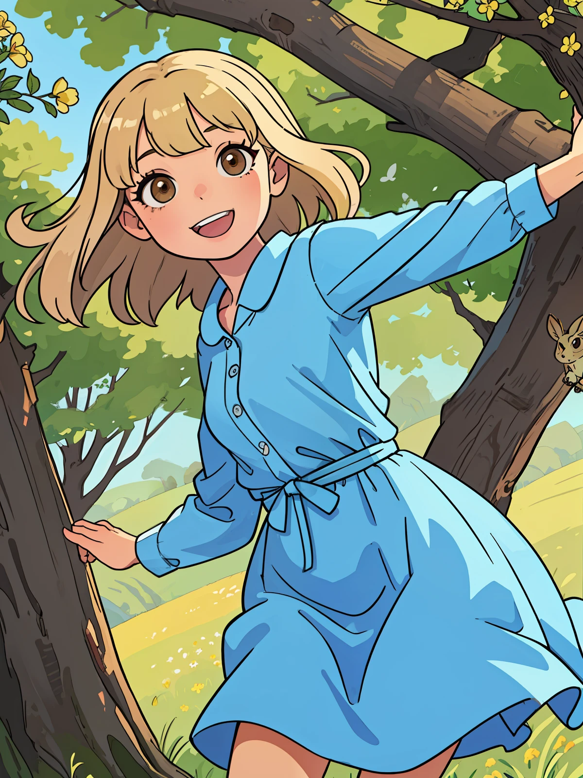 a girl, medium blonde hair, jumping in a flowering field, with squirrels climbing trees, owls flying, rabbits hopping, full of colorful flowers, wearing a blue dress, brown eyes, happy expression (best quality) (hdr), smile, happy, anatomically correct, high details, super detail, ccurate, masterpiece, high details, high quality, high details, super detail, textured skin, anatomically correct