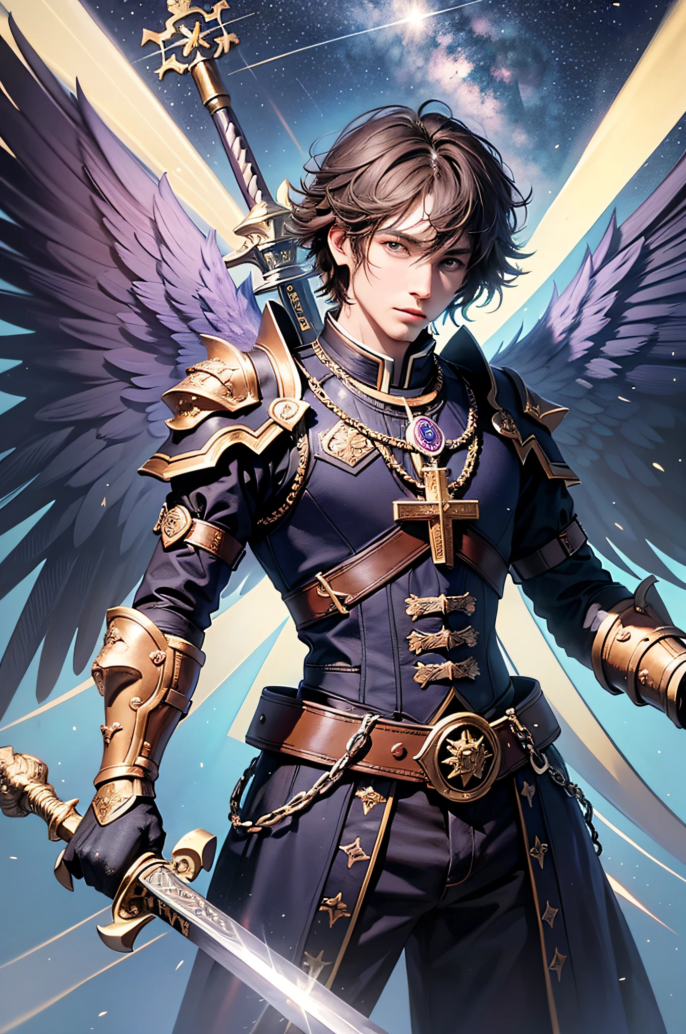A starry night shirt design of a male archangel with wings holding a sword and branded with a cross on the chest, Rembrandt style, high quality, UHD, Luminous Graphics Engine, violet, orange, black background
