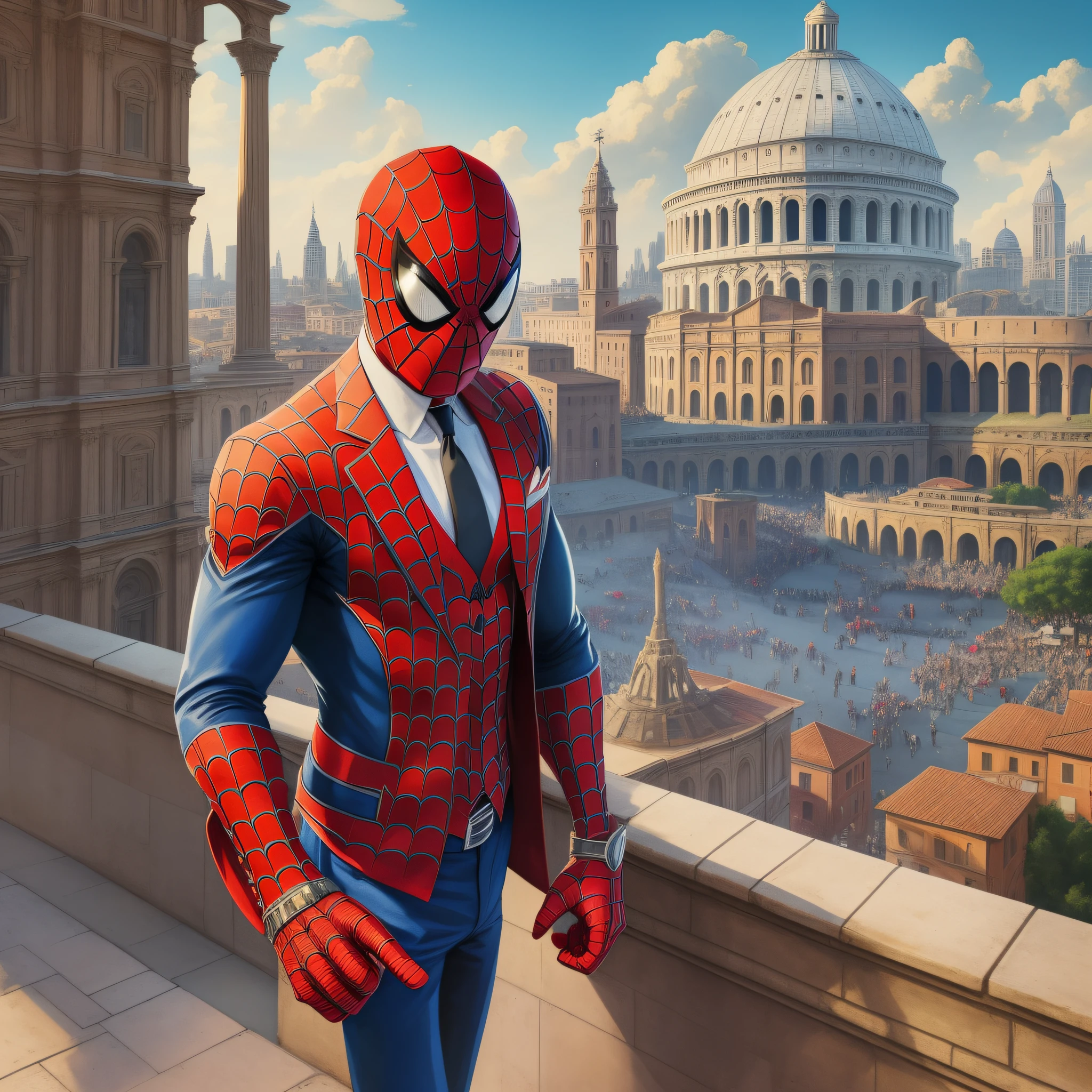 (an exquisite artwork) depicting Spider-man with an Italian twist; (high-quality and detailed) in both character design and background scenery. The image features Spider-man in a red and green suit, enhanced by classic Italian fashion elements, such as a red and white striped shirt underneath the suit jacket, and a fedora hat. He is (striking a heroic pose) with a web-slinging motion in front of a beautiful city skyline. The background is (tastefully illustrated) with iconic Italian landmarks like the Colosseum and St. Peter's Basilica. The overall style of the image being (vibrant and lively), with a (perfectly executed) balance between realism and artistic flourish.