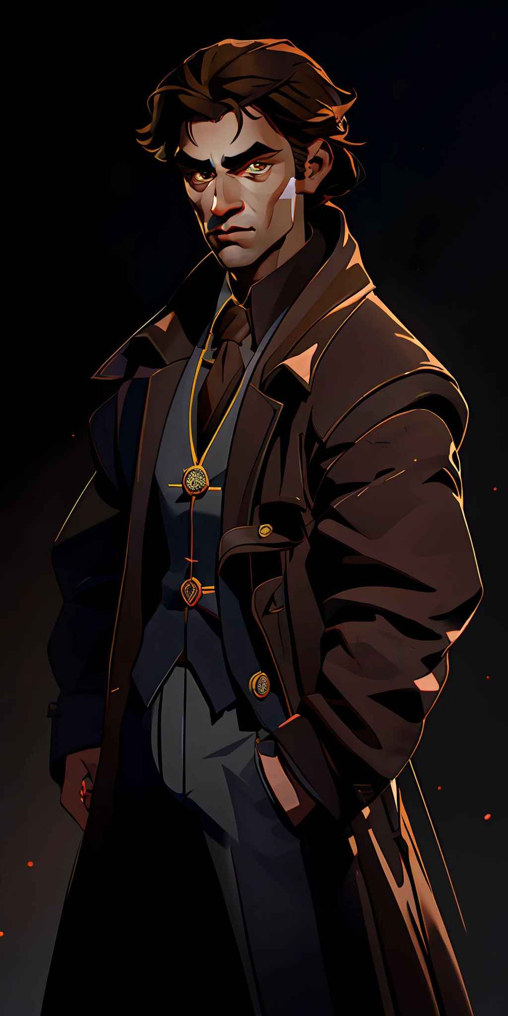 Masterpiece, best quality, extremely detailed, young male character with very large brown hair tied wearing an overcoat on a dark background with deep shadows, dynamic lighting)