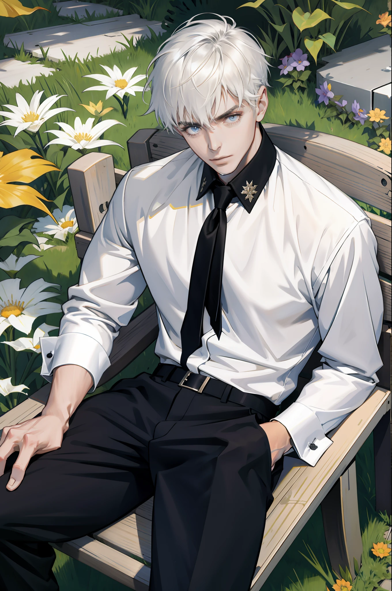 masterpiece, best quality, 1 man, adult, handsome, tall and muscular face, broad shoulders, black pants simple white shirt, finely detailed eyes and detailed face, extremely detailed CG unit 8k wallpaper, intricate details, very short white hair, best ratio four fingers and a thumb, better light and shadow, the background is an outdoor square, detailed sunlight, sitting, kittens gathered next to it, sunlight spotted, day, , summer, depth of field