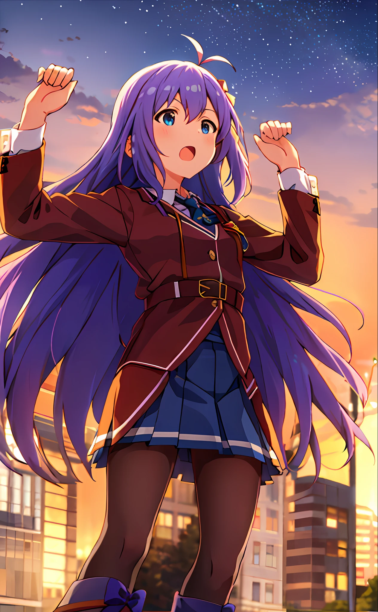 Anna Mochizuki (Million Live), (Top Quality, 8K, Masterpiece, Super Detail: 1.2), 1 Girl, Suspender Clothes.Skirt.Blushing, Clavicle, Bow, Ribbon, Blue Bow.Night.Night View.Outdoors.Spread Your Arms.Despair Face.Open Your Mouth.Clench Your Fists.