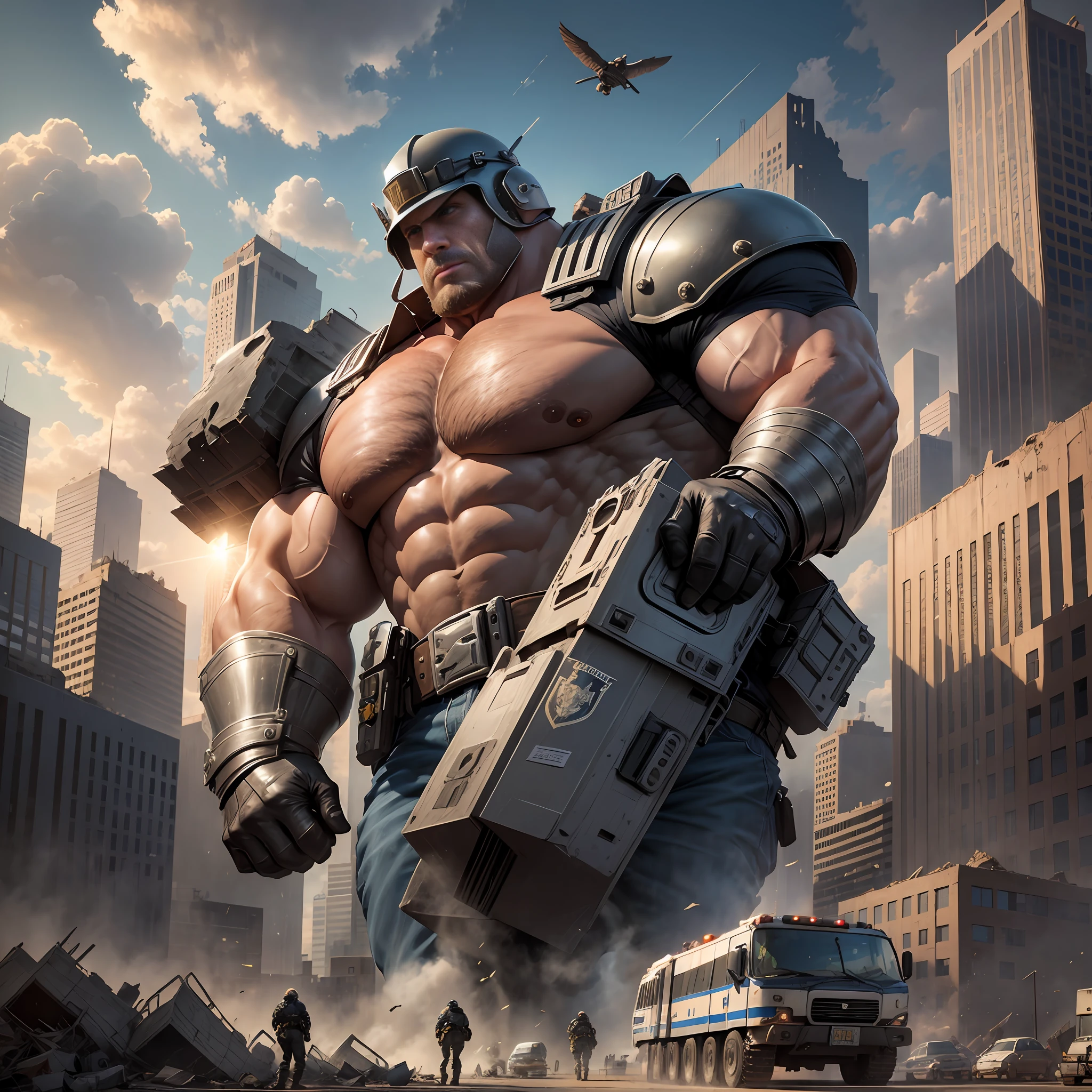 City ruins, broken buildings, cops, armor, thick eyebrows, military boots, perfect facial features, majestic police, giant cop trampling the city, giant cop trampling the building, giant muscle cop, giant muscle cop destroying the city, giant muscle cop, mighty cop, handsome cop. Giant cop pinching houses, giant cop pinching humans, giant cop crushing buildings, giant cops smashing houses, riding boots, military boots, huge muscles, full police uniforms, protruding crotches, perfect facial features, huge, armed belt, giant cops knocking down buildings, wounded all over the ground --auto --s2