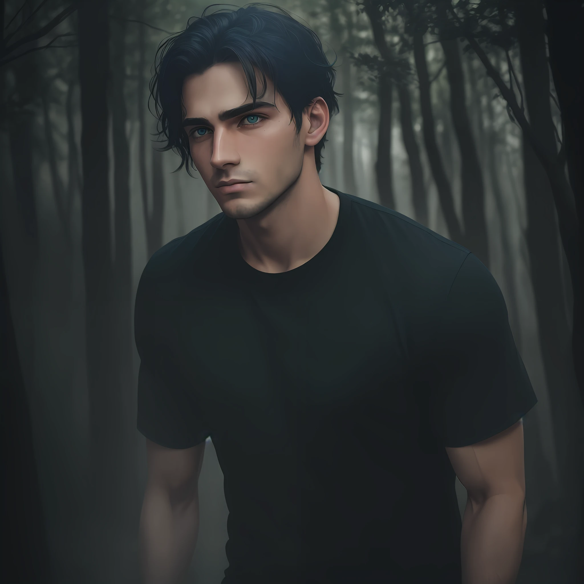 Young American adult man with green eyes, athletic, black hair, wearing blue shirt black jeans with light tears. Dark forest background with fog. Realistic, 4k, better quality, better image.