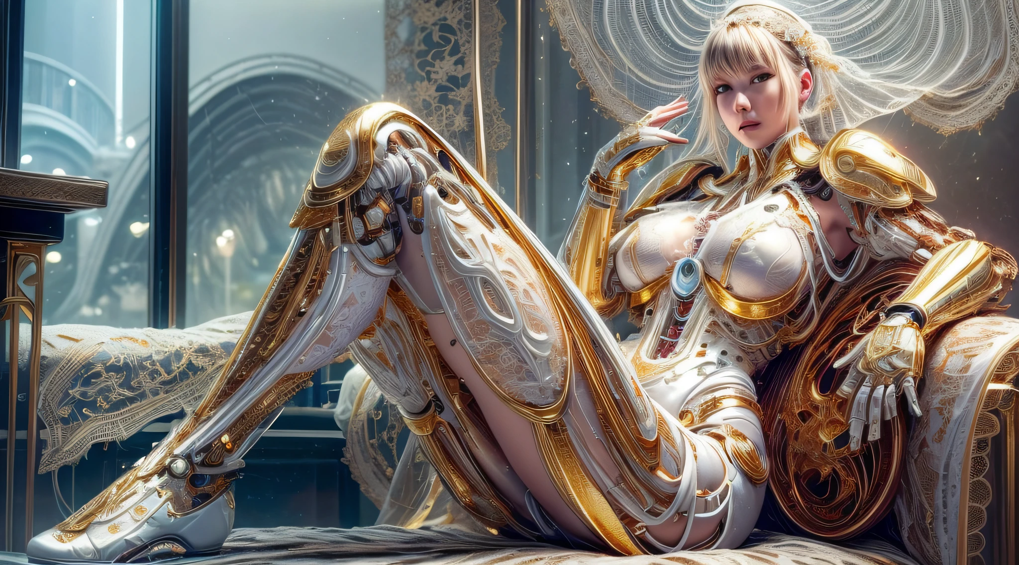 photorealistic, a woman in a white (lace, gold cyborg suit:1.55) (sitting on a sofa:1.4) (turned towards the viewer:1.2), (open legs:1.4), dark gold long hair, cyborg, robotic parts, beautiful detailed body and face, (looking left side:1.3), (gigantic cleavage breasts:1.2), (gigantic breasts:1.2), sakimichan hdri, amouranth, a beautiful detailed orixa, 2049, chiaki nanami, afro futuristic, made in maya, sam yang, 2070, cyborg, robotic parts, 150 mm, beautiful studio soft light, rim light, vibrant details, luxurious cyberpunk, lace, hyperrealistic, anatomical, facial muscles, cable electric wires, microchip, elegant, beautiful background, octane render, 8k, best quality, masterpiece, illustration, an extremely delicate and beautiful, extremely detailed ,CG ,unity ,wallpaper, (realistic, photo-realistic:1.37), Amazing, finely detail, masterpiece, best quality, official art, extremely detailed CG unity 8k wallpaper, absurdres, incredibly absurdres, robot, Violet halmet, full body, sitting, (sfw:1.5),(Japanese:0.5),(korean:0.8), ((solo)), best ratio four finger and one thumb, She puts her hands behind her back and opens her legs in an M shape,