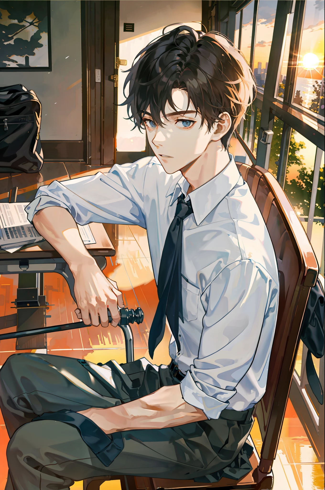 Masterpiece, Top Quality, One Boy, Male Focus, Handsome, Sitting on a Chair with a Cane, School Classroom, Sunset Coming In, School Uniform, From the Front, Depth of Field