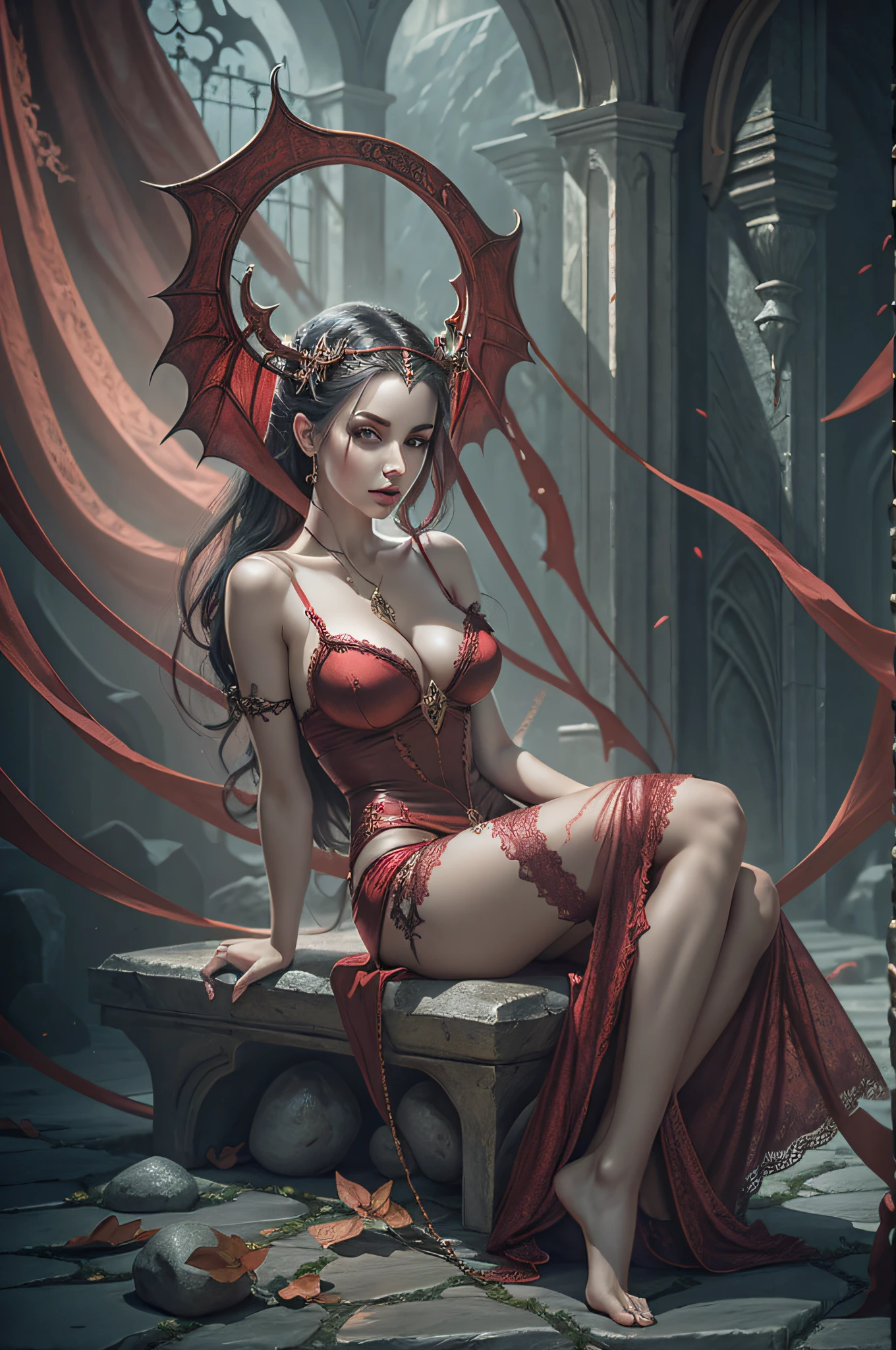 arafed woman in a red lingerie sitting on a stone floor, beautiful succubus, succubus | medieval, succubus, vampire girl, beautiful elegant demon queen, beautiful vampire queen, female vampire, gothic fantasy art, dark fantasy style art, dark fantasy horror art, dark fantasy art, deviantart artstation cgscosiety, succubus in tight short dress
