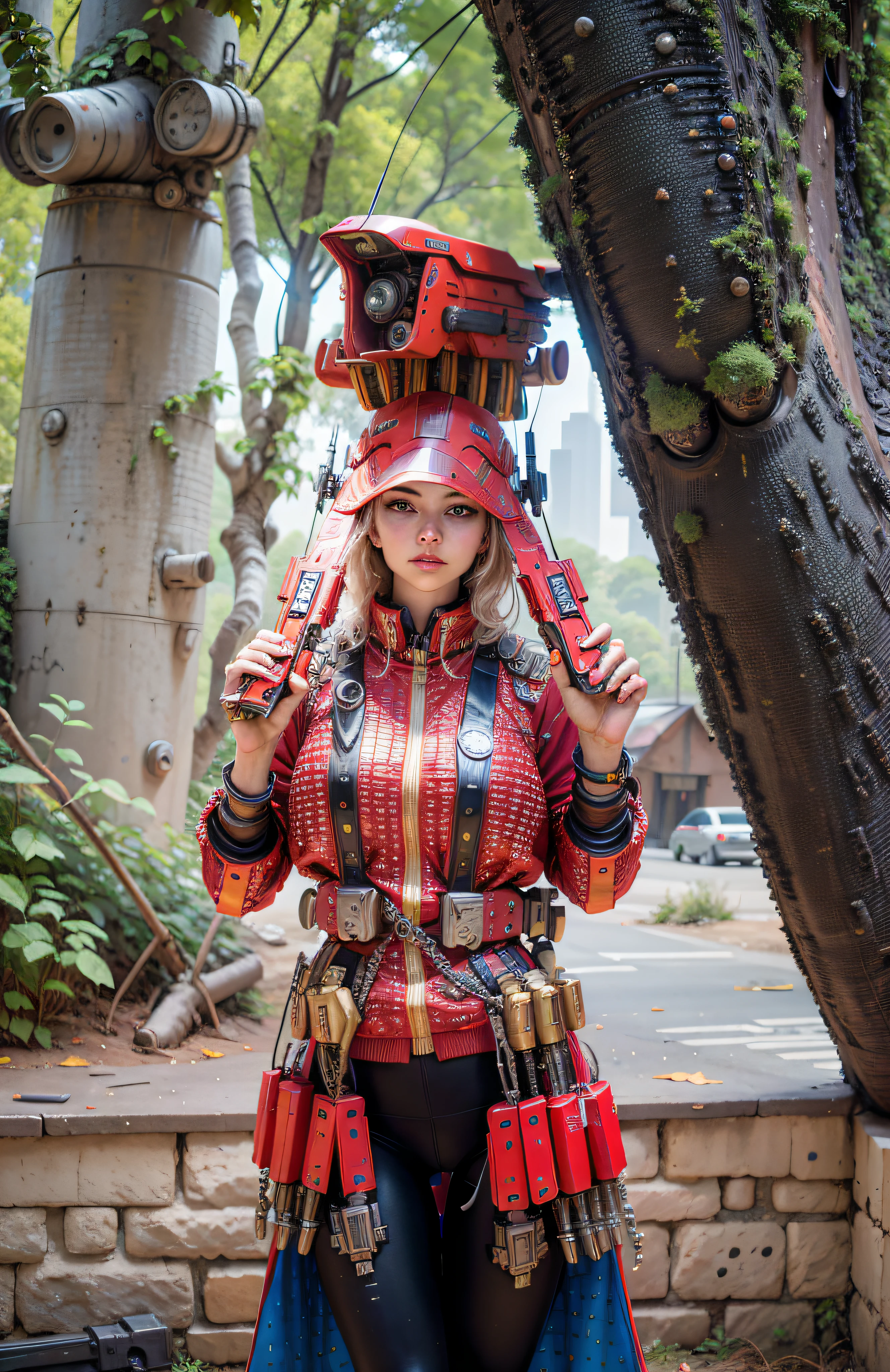Beautiful mechanical female warrior with a gun on her back, the background is a future wasteland city, cinematic, with a gun at her waist, a medal on the neckline, iron gloves, and sci-fi elements around her