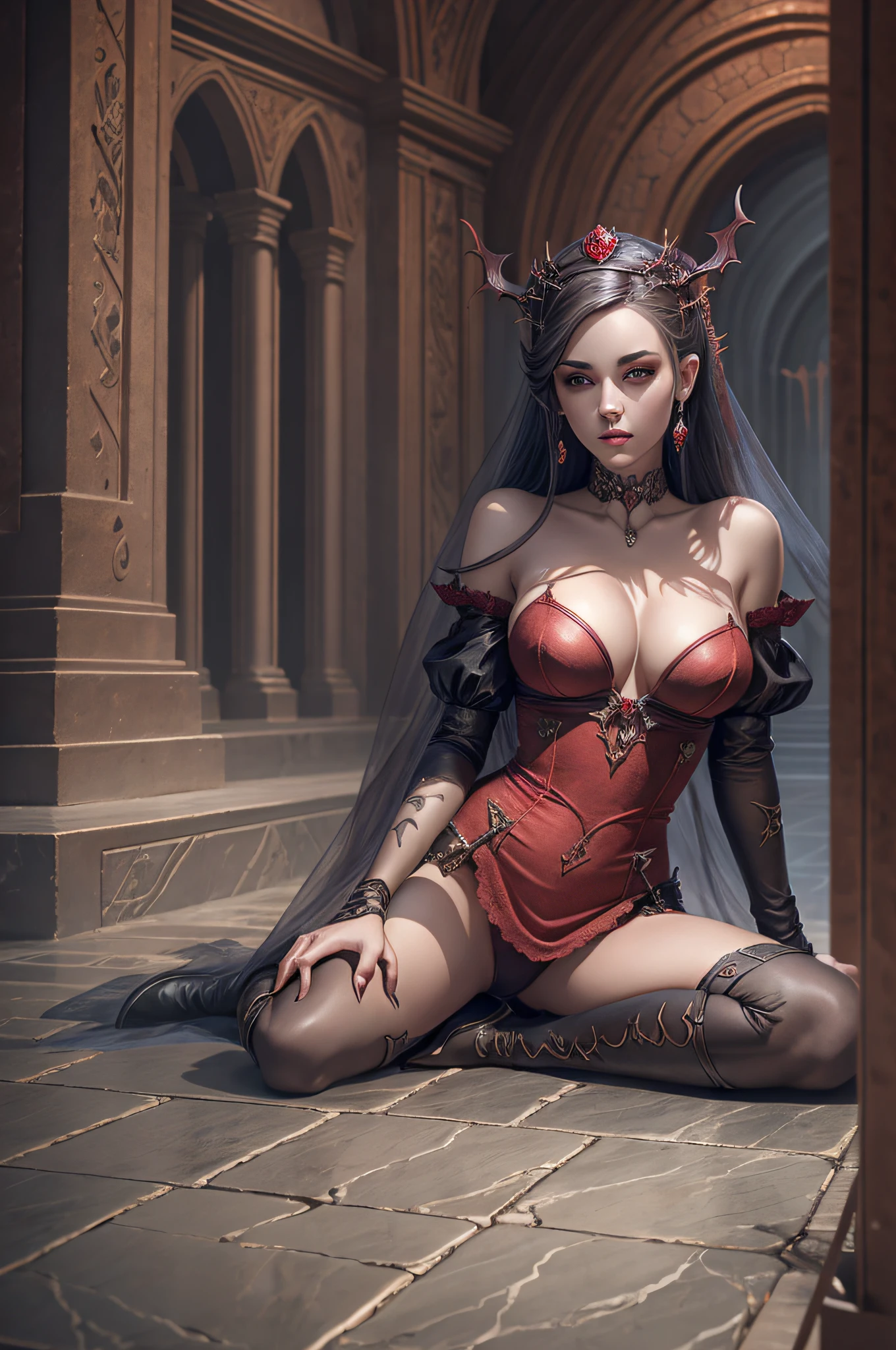 arafed woman in a red lingerie sitting on a stone floor, beautiful succubus, succubus | medieval, succubus, vampire girl, beautiful elegant demon queen, beautiful vampire queen, female vampire, gothic fantasy art, dark fantasy style art, dark fantasy horror art, dark fantasy art, deviantart artstation cgscosiety, succubus in tight short dress