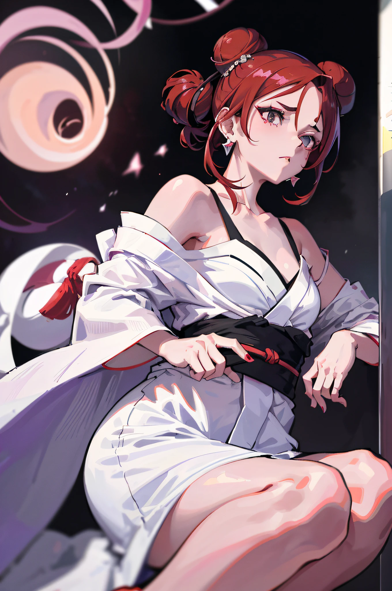 Adult female character and anime realist, short red hair with fringe dropped on her side and two buns one on each side of her head, black eyes, white skin and a small, purple diamond mark on her forehead, two large, white earrings in rectangular shape and wearing a white kimono in Studio Glibli style