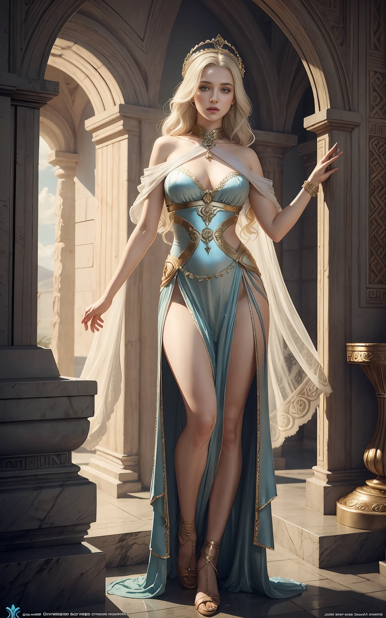 An ancient Greek goddess, 3D magical detail, James Jean Soft Light, 4K, Yuri Schvedorf and Tom Bagshaw, beautiful digital artwork, Sylvain Sarel and Igor Mosky, full body shot