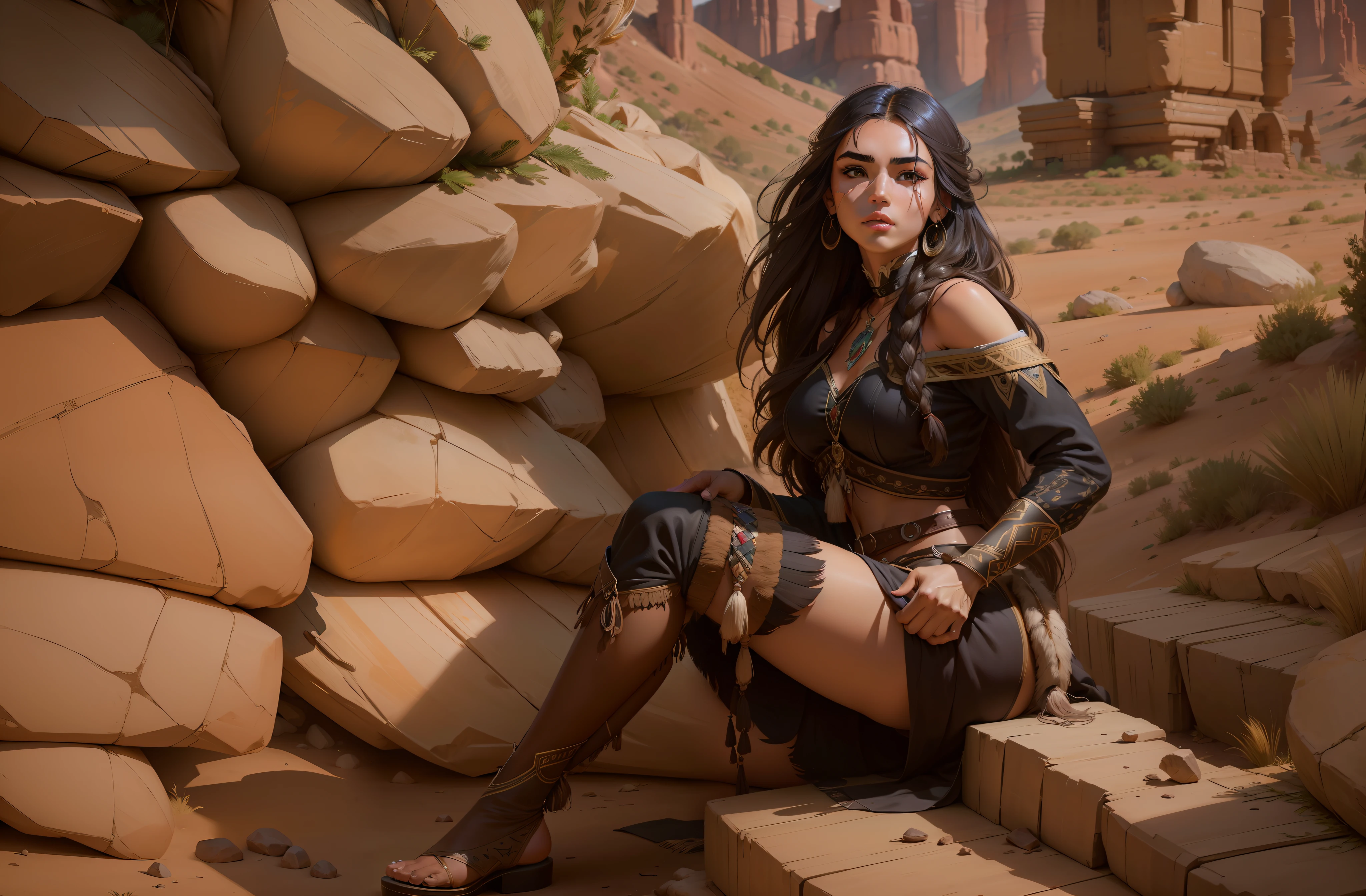 portrait photography of Madison Beer in Pocahontas, young beautiful Native American woman, perfect symmetrical face, native feather jewelry, traditional handmade dress, armed hunter warrior, ((Wild West))) environment, Utah landscape, ultra realistic, concept art, elegant, ((complex)), ((very detailed)), depth of field, ((professionally colored)), soft ambient lighting, twilight, 8k, drawing by Artgerm and Greg Rutkowski and Alphonse Mucha, dancing with the wolves , --auto --v 6 --s2