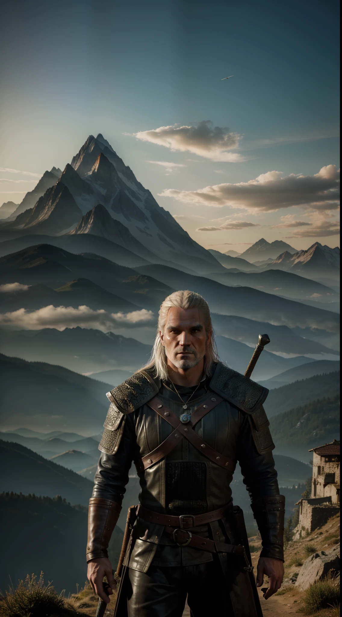 geralt de rivia the witcher super stong bodybuilder , (((in the background mountains and a beautiful sky))), colored,, wide angle, super highly detailed, professional digital painting, artstation, concept art, smooth, sharp focus, no blur, no dof, extreme illustration, Unreal Engine 5, Photorealism, HD quality, 8k resolution, cinema 4d, 3D, beautiful, cinematic