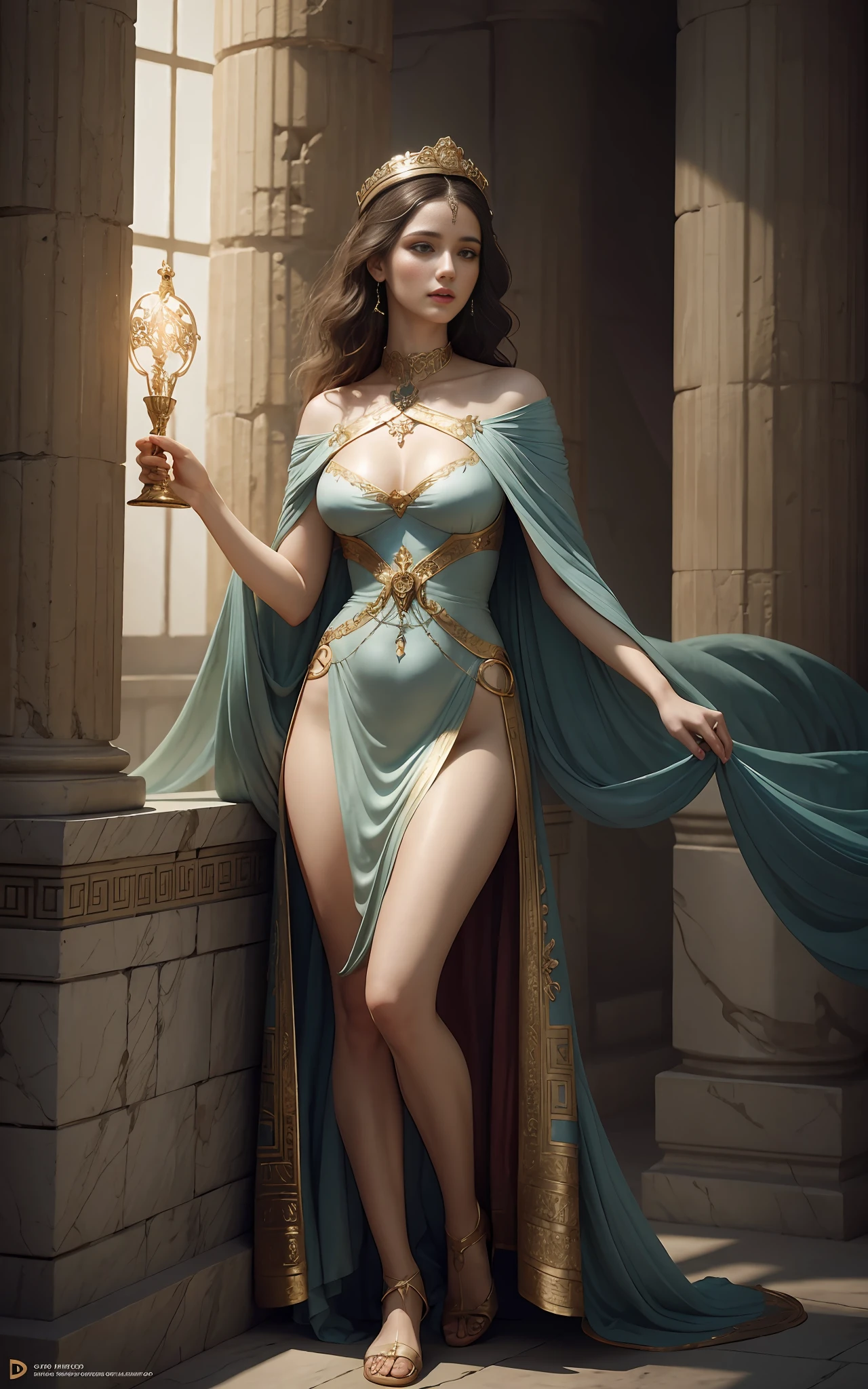 An ancient Greek goddess, 3D magical detail, James Jean Soft Light, 4K, Yuri Schvedorf and Tom Bagshaw, beautiful digital artwork, Sylvain Sarel and Igor Mosky, full body shot