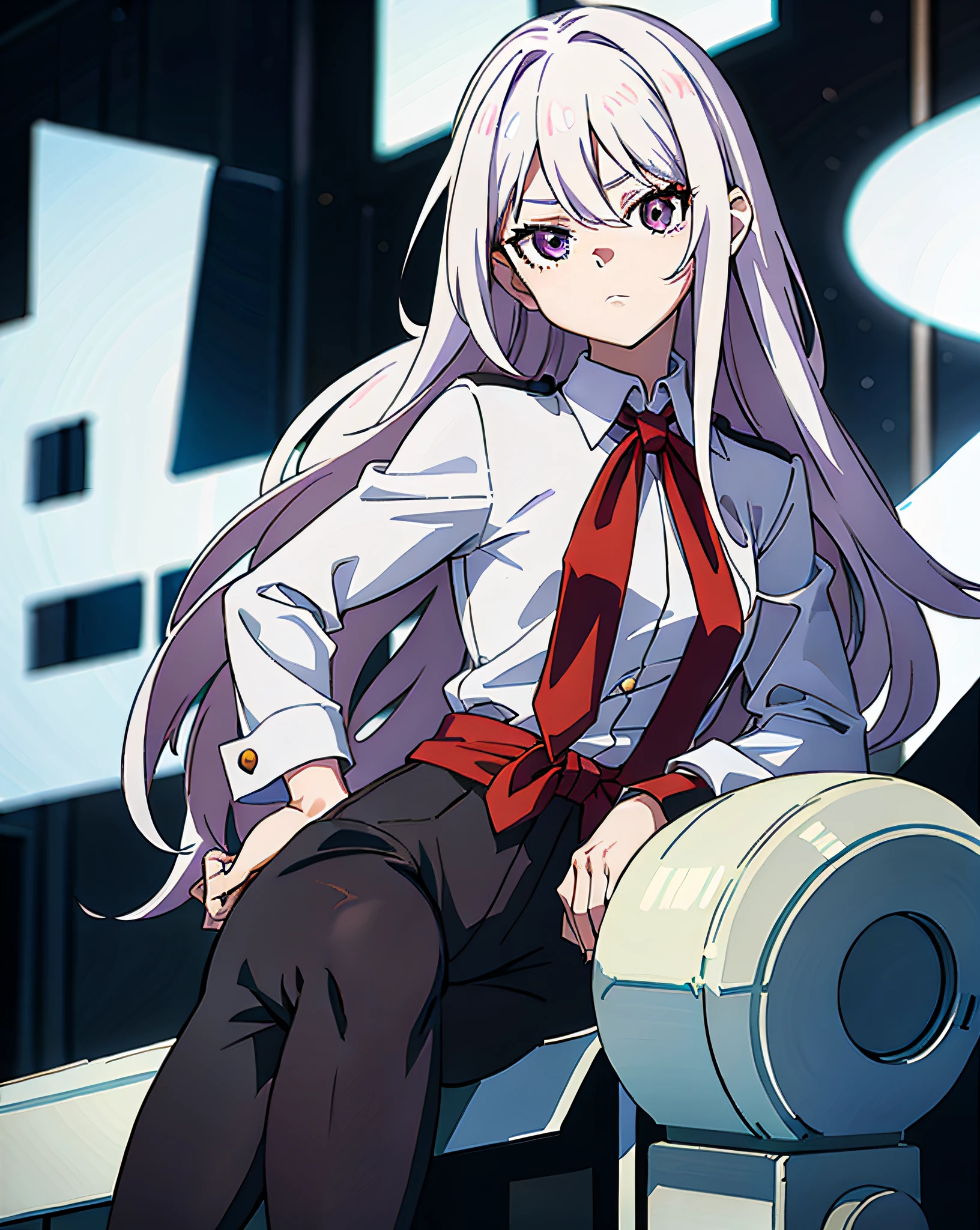 lady, 18 years old, hero, long white hair, bangs of hair between the eyes, a single black lock of hair, purple eyes, mature face, small eyes, strong body, Horikoshi Kohei style, my hero academy, manga, black and white, white background, high quality, masterpiece