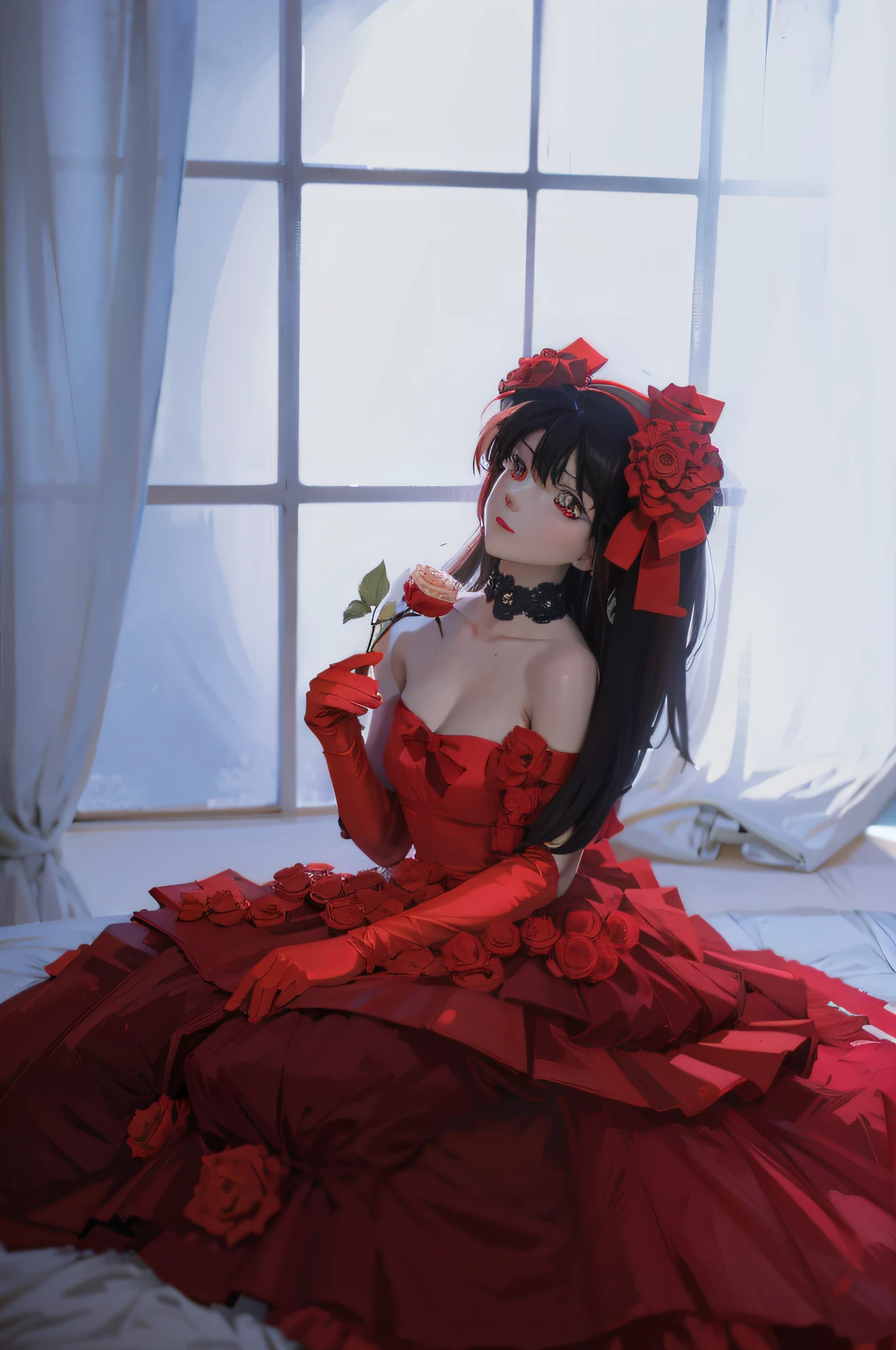 there is a woman in a red dress sitting on a bed, rin tohsaka, anime girl cosplay, taken with canon eos 5 d mark iv, anime cosplay, cosplay photo, taken with canon 8 0 d, captured on canon eos r 6, elegant glamourous cosplay, taken with canon 5d mk4, rei hino as a princess, cosplay