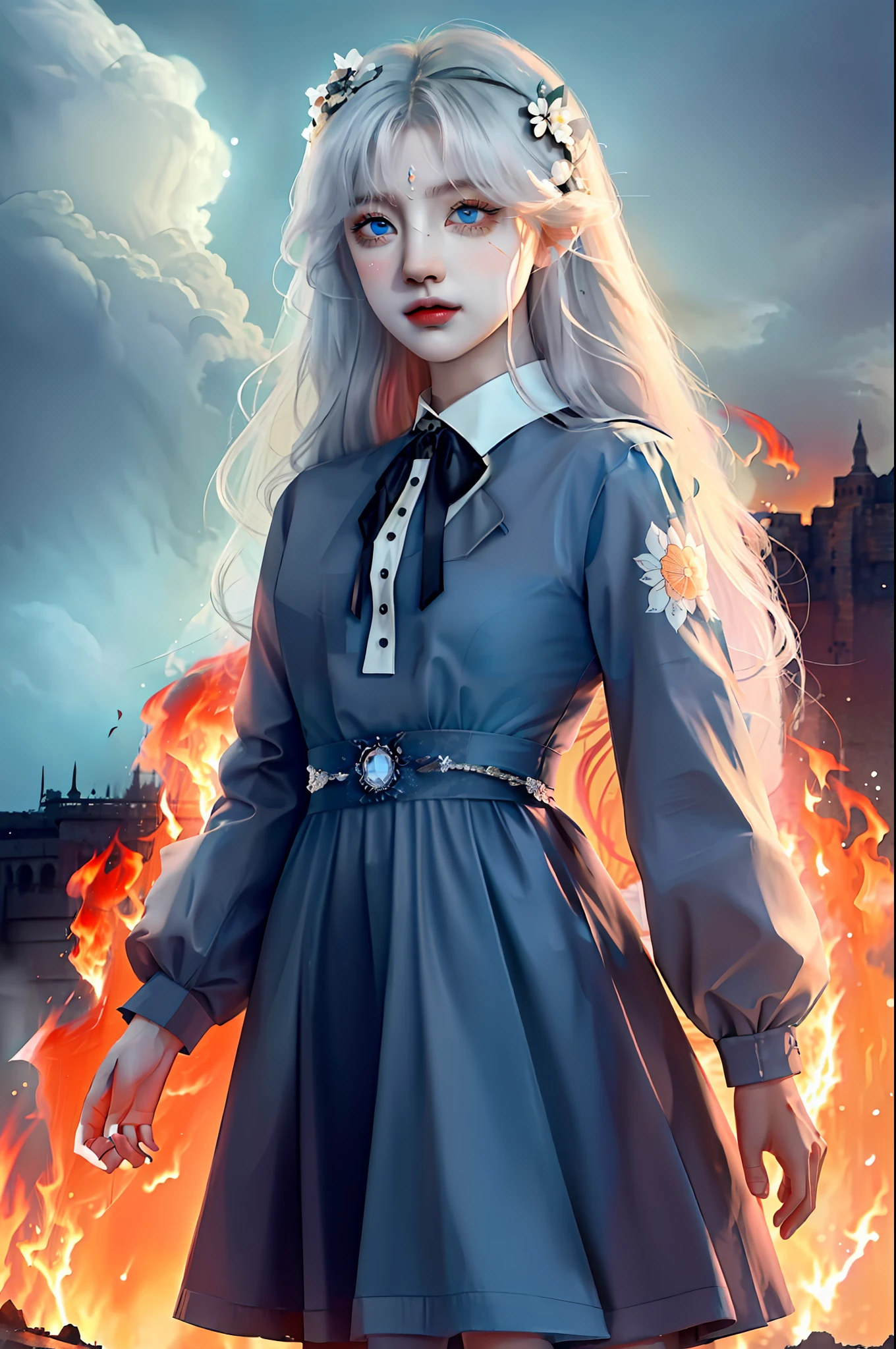 masterpiece, best quality, illustration, {beautiful detailed girl}, beautiful detailed brightness, (flames of war: 1.2), (nuclear explosion hide: 1.3), rain, detailed lighting, detailed water, (beautiful detailed eyes: 1.1), expressionless , palace, blue hair, shaggy hair, long bangs, hair between the eyes, (white and gray dress: 1.1), black ribbon, white bow tie, diaphragm, big forehead, empty look, flower, long sleeves ,  upper body