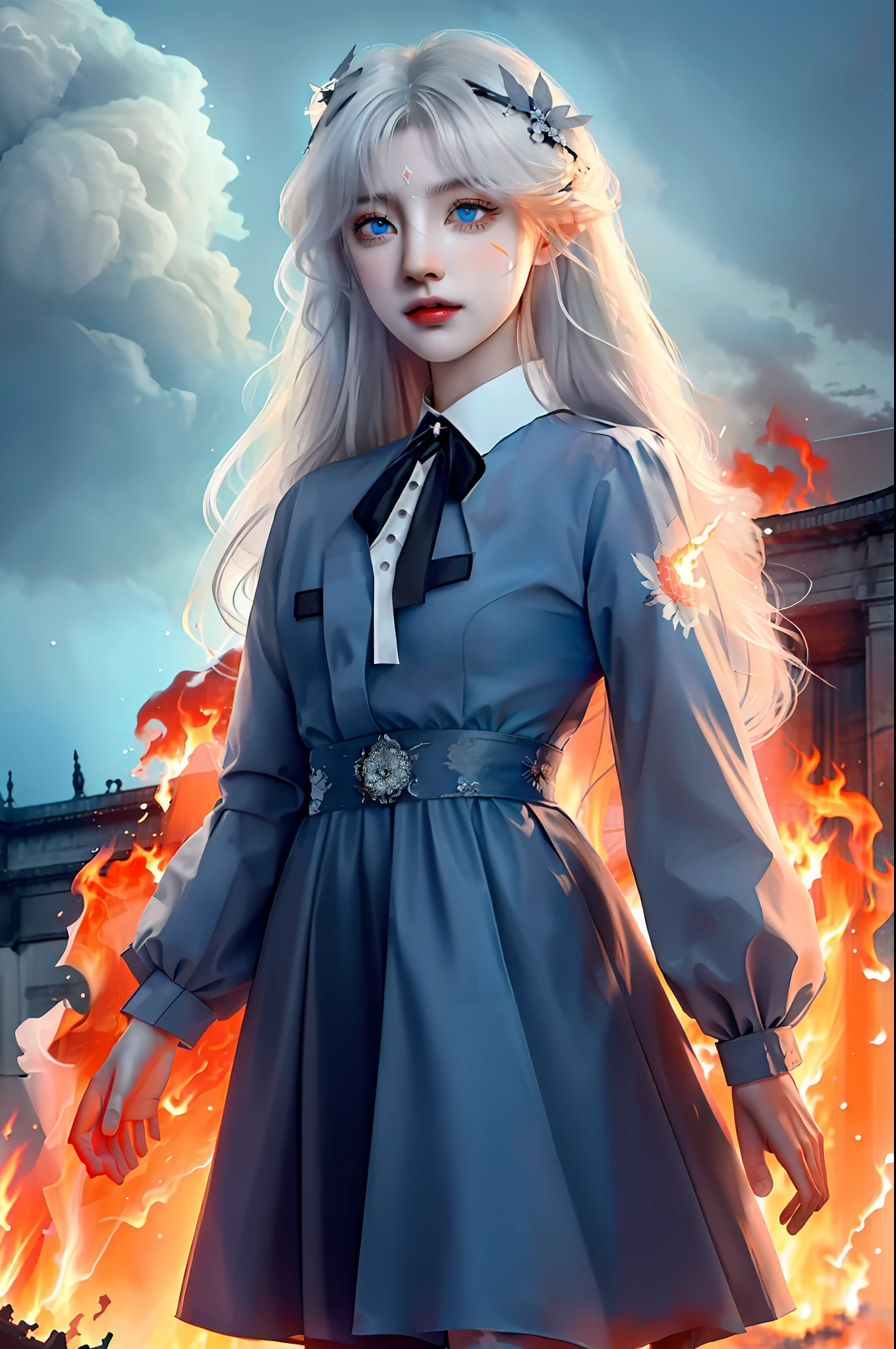 masterpiece, best quality, illustration, {beautiful detailed girl}, beautiful detailed brightness, (flames of war: 1.2), (nuclear explosion hide: 1.3), rain, detailed lighting, detailed water, (beautiful detailed eyes: 1.1), expressionless , palace, blue hair, shaggy hair, long bangs, hair between the eyes, (white and gray dress: 1.1), black ribbon, white bow tie, diaphragm, big forehead, empty look, flower, long sleeves , upper body