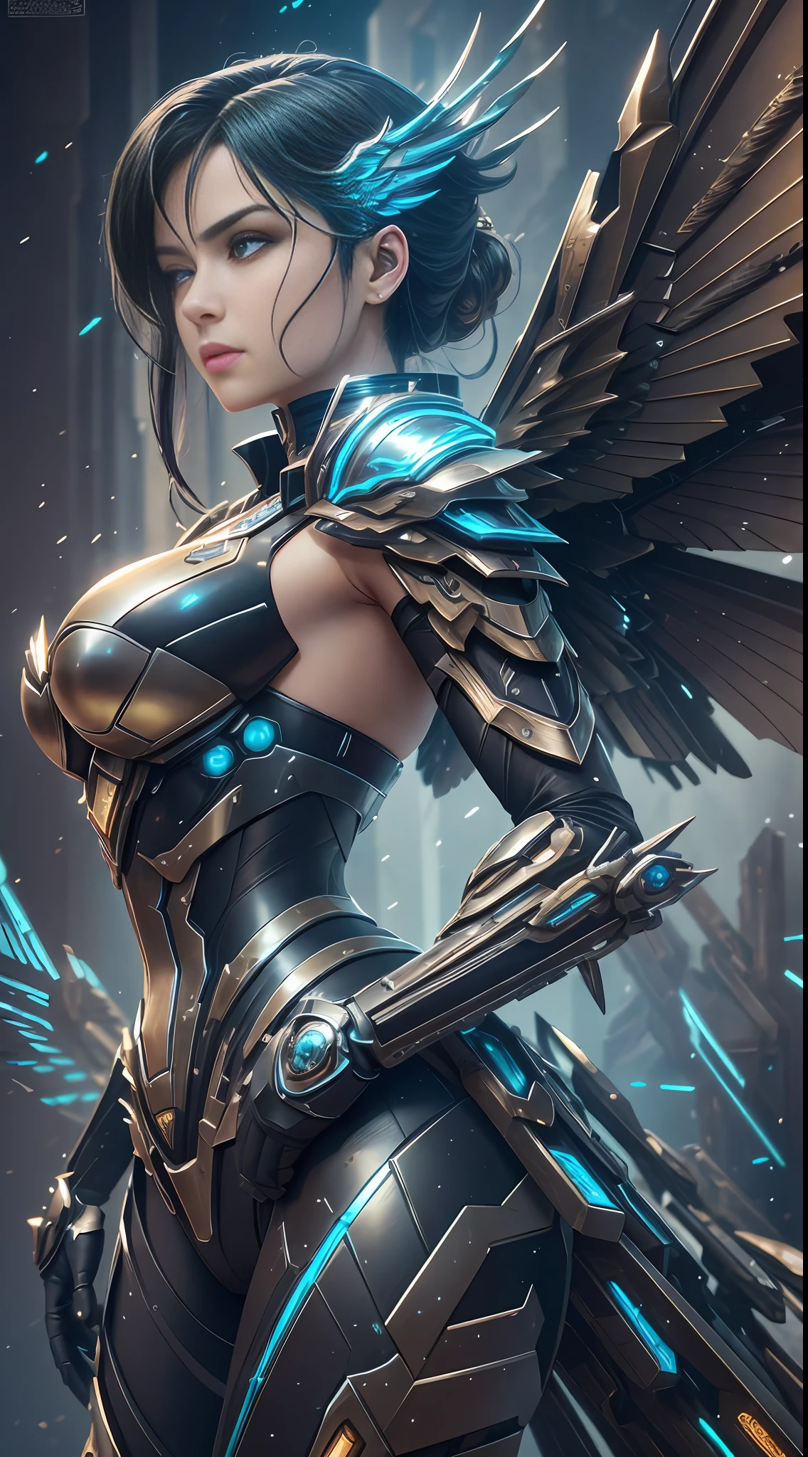 Steampunk style, cold color, cinematic effect, futuristic sci-fi mecha, pure black mecha with strong metallic luster, metallic wings on the back, wings are feathery and layered, holding Fang Tianji, Fang Tianji particle light, Fang Tianji particle special effects, aesthetic, scattered, battle posture, combat posture display, super details, face delicate details, clear outline, facial close-up, perfect details, 8K, top painting, feature article, studio environment, concept art, epic composition with HD details, Metallic texture and tension composition, hyper-realistic, ultra-realistic, rich in detail, 3D. C4D,