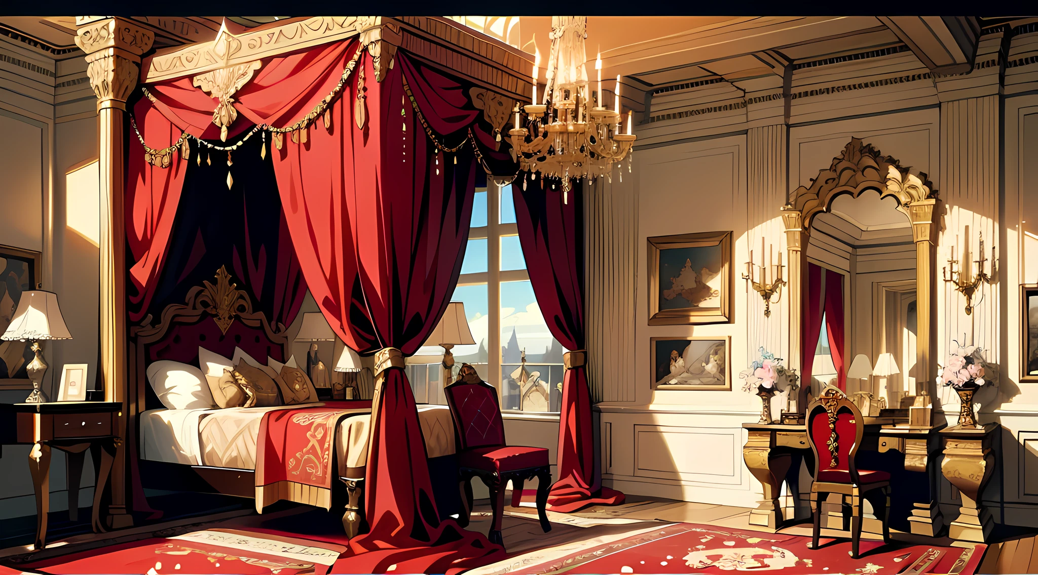 Royal Bedroom, Opulent, luxurious, spaceous, grand four-poster bed, intricate carvings, luxurious drapes, Exquisite tapestries, Rich, red velvet curtains, tall windows, Gilded furniture, golden accents, warm lighting, ornate chandeliers, candelabras, Plush carpets, silk rugs, vanity table, jewelry, golden-framed mirror, intricate ceiling frescoes, celestial motifs, early morning light, Wallpaper, highly detailed, anime landscape