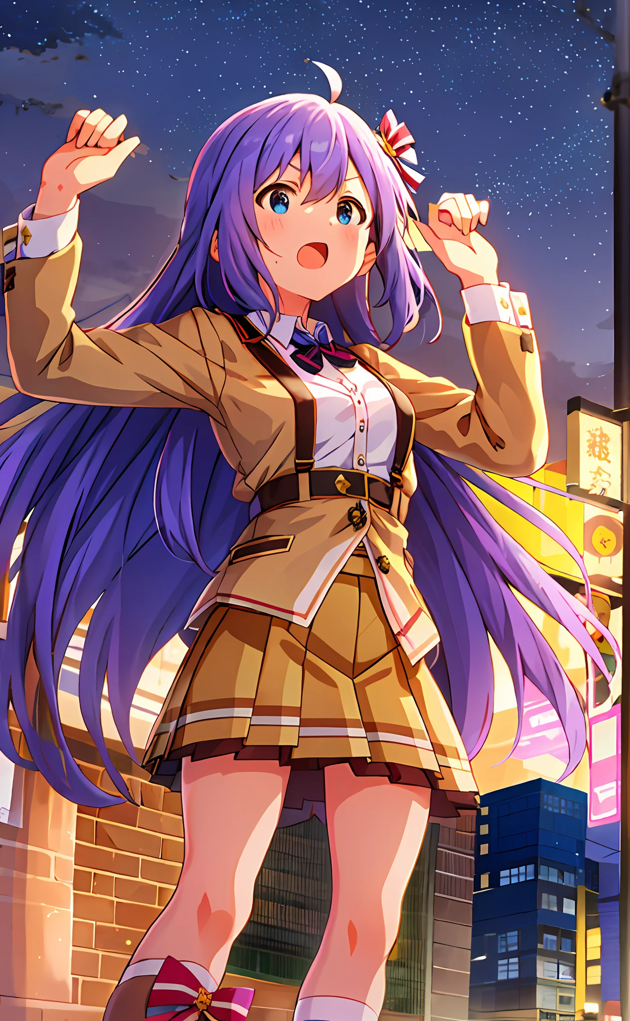 Anna Mochizuki (Million Live), (Top Quality, 8K, Masterpiece, Super Detail: 1.2), 1 Girl, Suspender Clothes.Skirt.Blushing, Clavicle, Bow, Ribbon, Blue Bow.Night.Night View.Outdoors.Spread Your Arms.Despair Face.Open Your Mouth.Clench Your Fists.