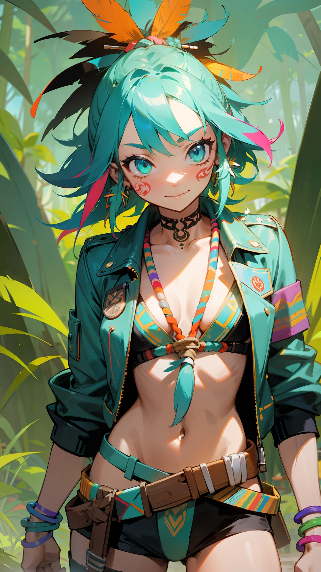 Girl, sexy, neon green, turquoise, tribal tattoos, tribal, nature, leather jacket, feathers, wooden accessories, bold look, playful smile, messy hair, tribal braids, wooden bracelets, feather earrings, tool belt, bravery, adventurous spirit, energy, nature, mischief, wild, free, spiritual connection, concentrated, exploration, free spirit, bravery, outgoing, fun, utensils, determination, vibrant colors, culture tribal, sturdy sandals, toast, blue highlights, rowdy, colorful feathers, compasses, ropes.