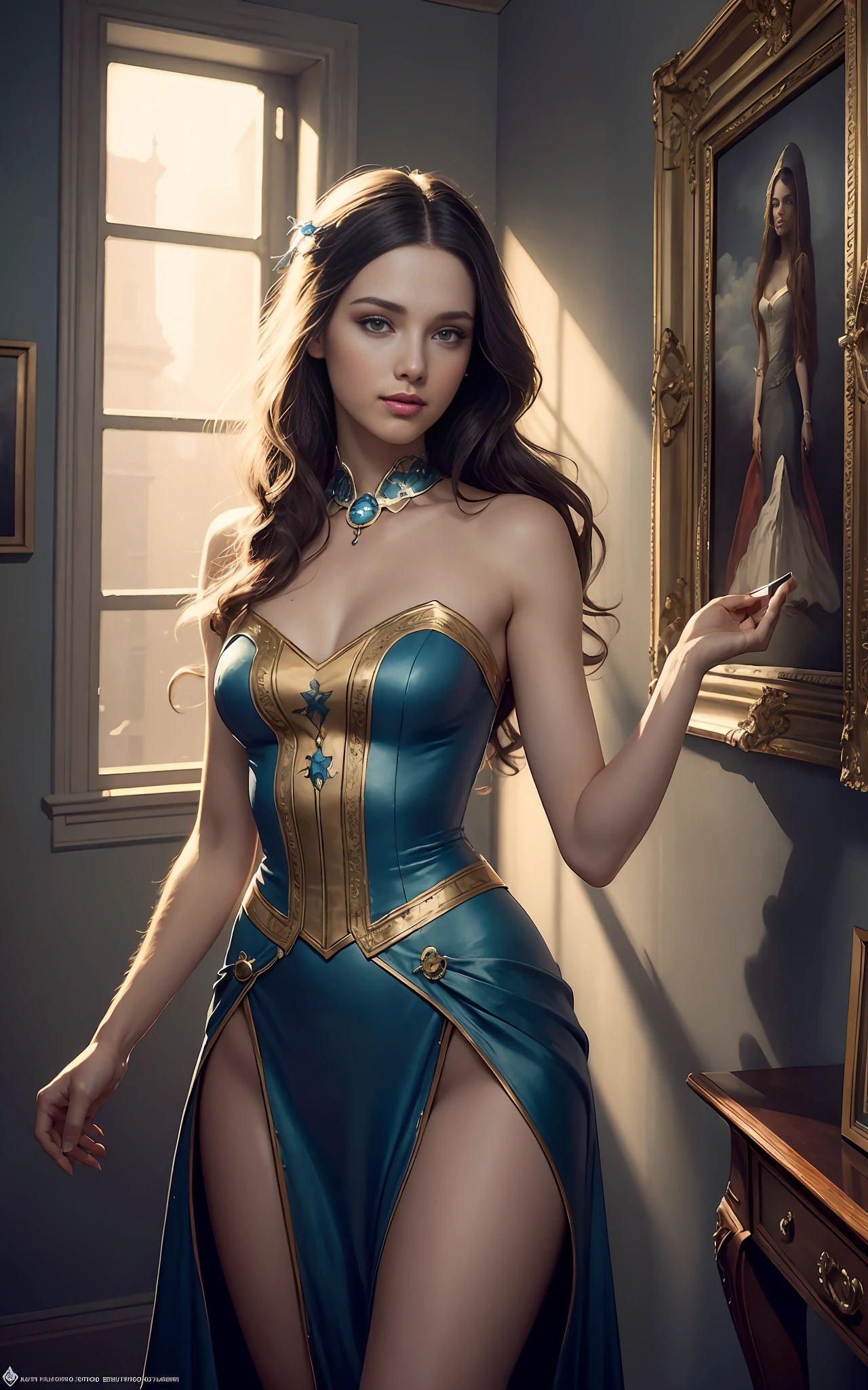 A Miss American, mysterious smile, room walls covered with paintings, 3D magical details, James Jean Soft Light, 4K, Yuri Schvedorf and Tom Bagshaw, beautiful digital artwork, Sylvain Sarrell and Igor Mosky