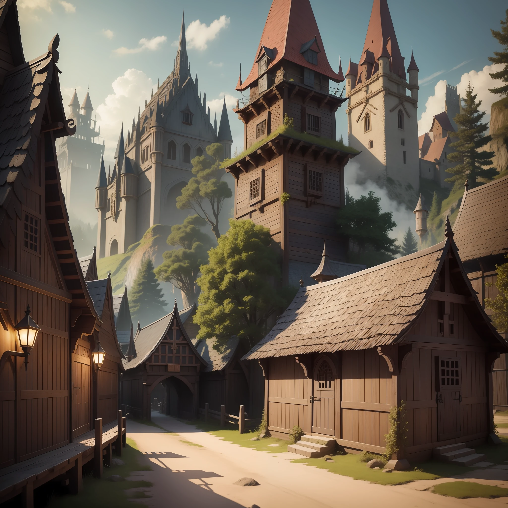 Dark fantasy village, Medieval fantasy, medieval, palisade fenced village, towers, wooden walls, roads, wooden fortress, outpost, temple, market, ultra realistic, 8k