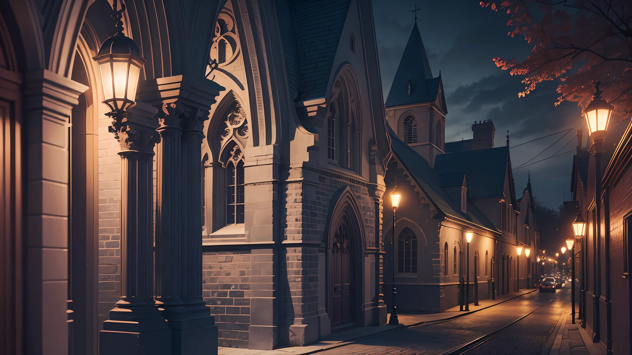 Street, gothic church, night lighting, old lampposts, closeup shot, volumetric lighting, 55mm Canon lens, --auto --s2