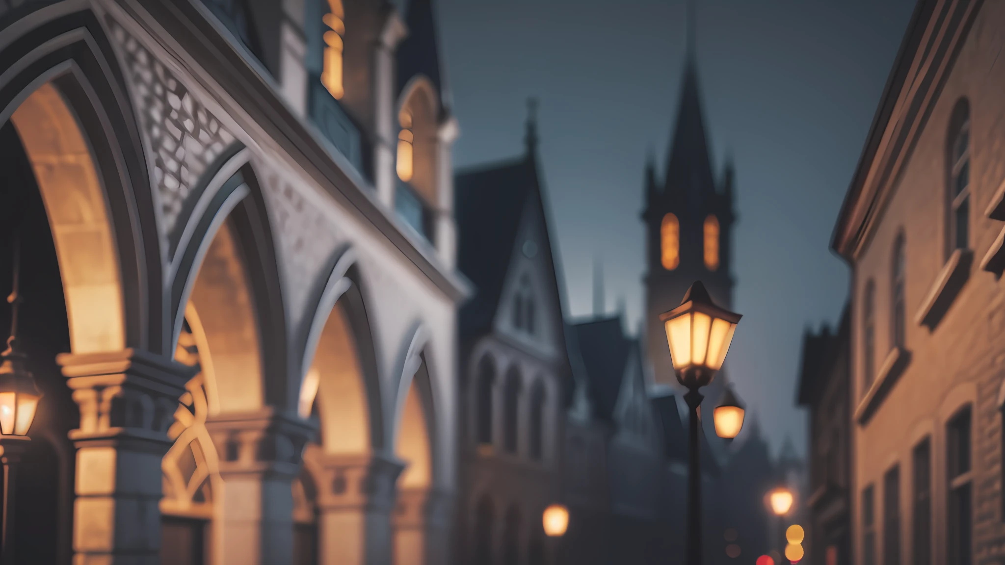 Street, gothic church, night lighting, old lampposts, closeup shot, volumetric lighting, 55mm Canon lens, --auto --s2