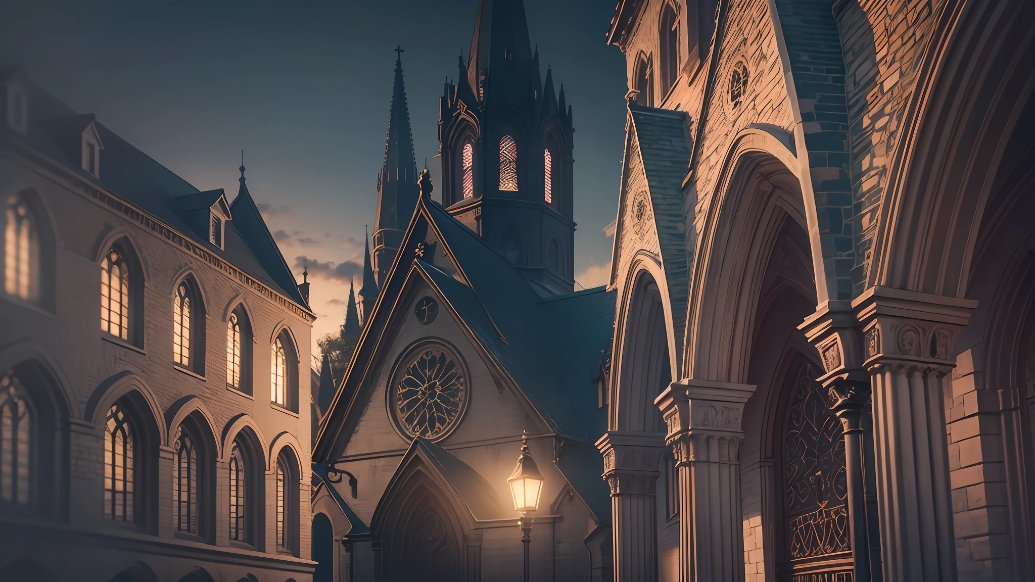 Street, gothic church, night lighting, old lampposts, closeup shot, volumetric lighting, 55mm Canon lens, --auto --s2