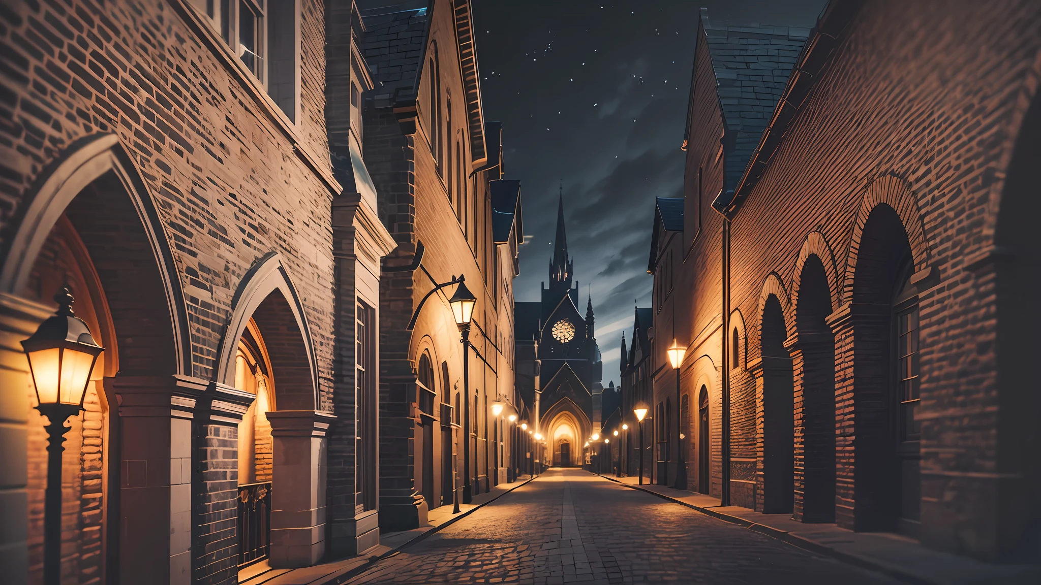 Street, gothic church, night lighting, old lampposts, closeup shot, volumetric lighting, 55mm Canon lens, --auto --s2