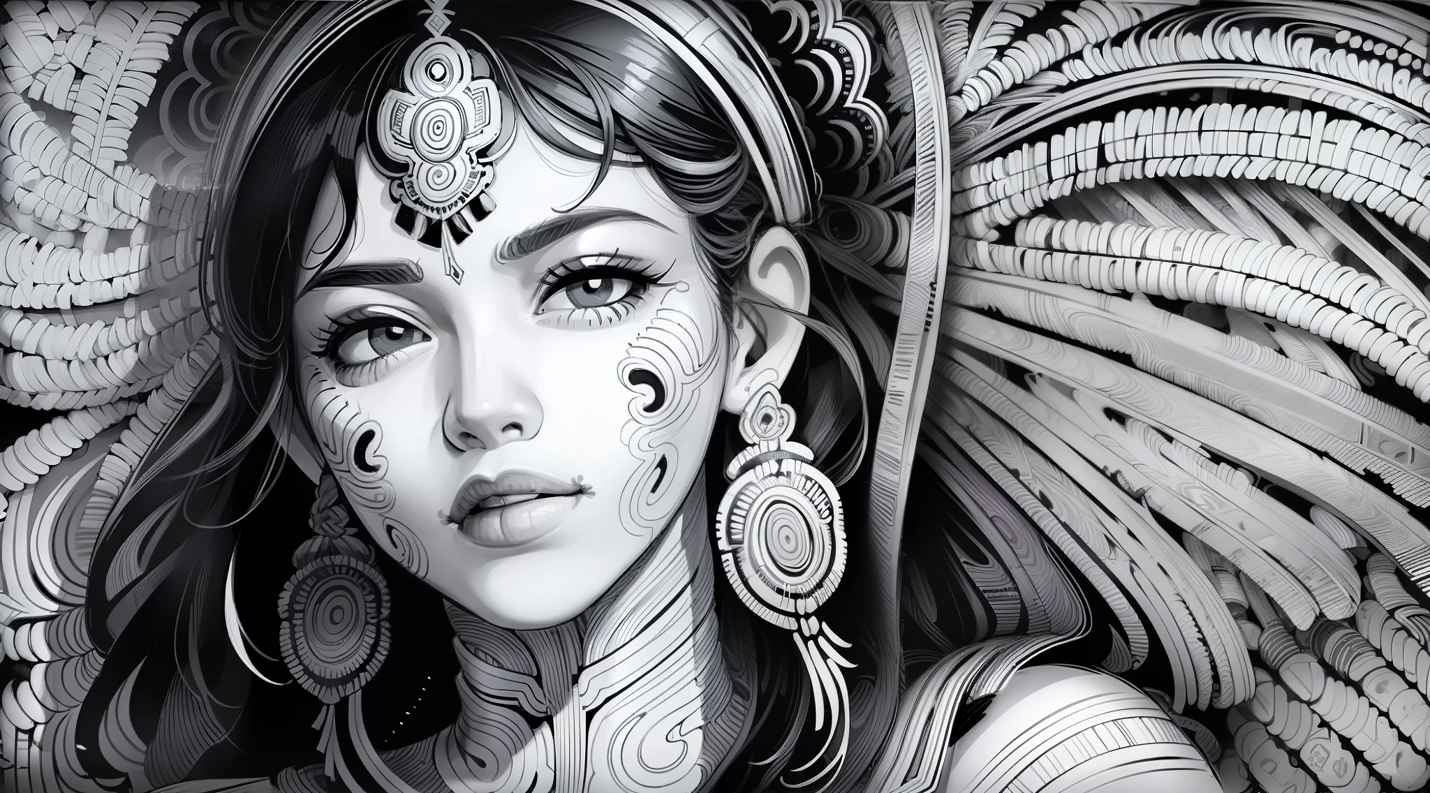 indigena brasileiro((Brasil))((lineArt:1.5)), masterpiece, exuberant, severe expression, indigenous painting, amazon rainforest, ultra detailed, lush environment, character portrait, intricate details, adhesive t-shirt design, retro comic, black and white