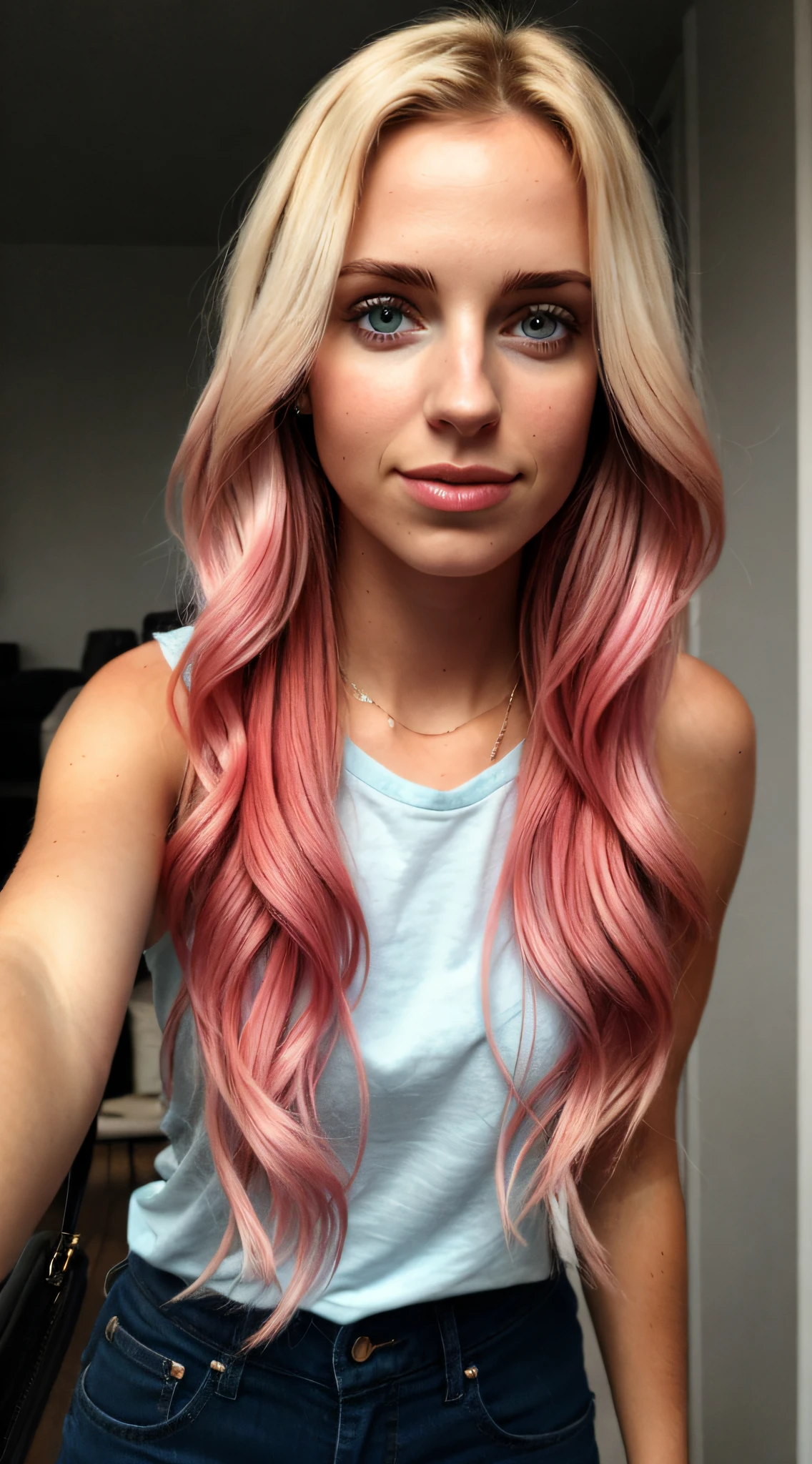 taken with iphone camera BREAK medium shot selfie of a pretty young woman BREAK (ombre:1.3) blonde pink BREAK film grain, medium quality