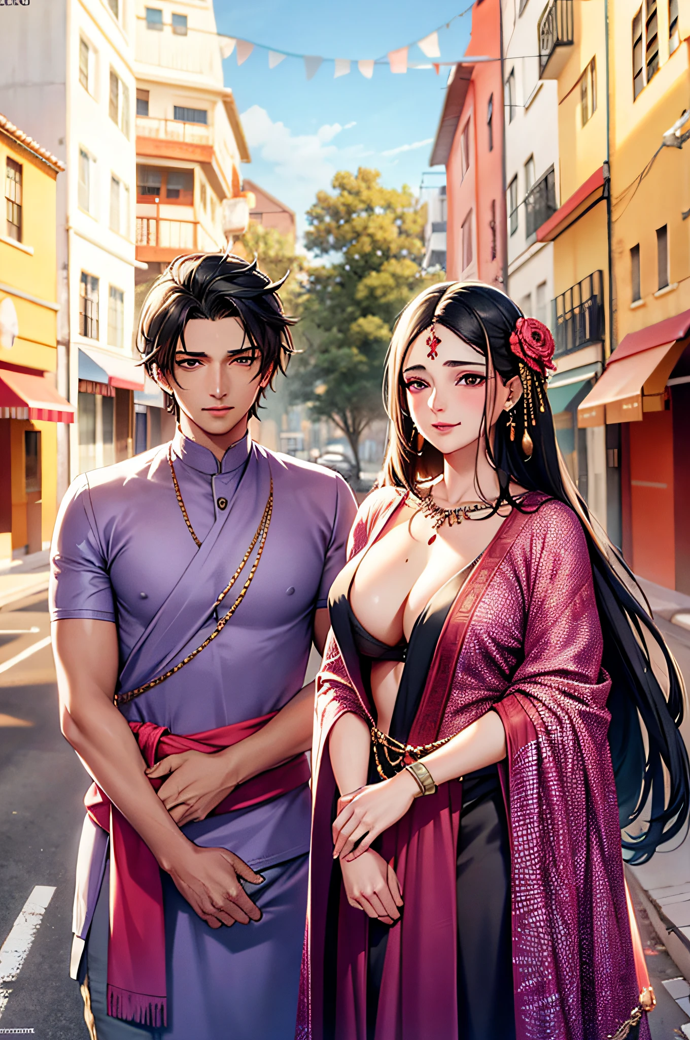 realistic portrait of cute man and woman embracing, indian, couple, current fashion, kanekalon hair, sunset background on a road close-up, product view, detailed facial details, perfect face, trend art, sharp facial details, cgsociety, ultra-quality digital art, hyper-exquisite details, 4k, 8k soft lighting, dreamy, fashion, engine rendering unreal -
