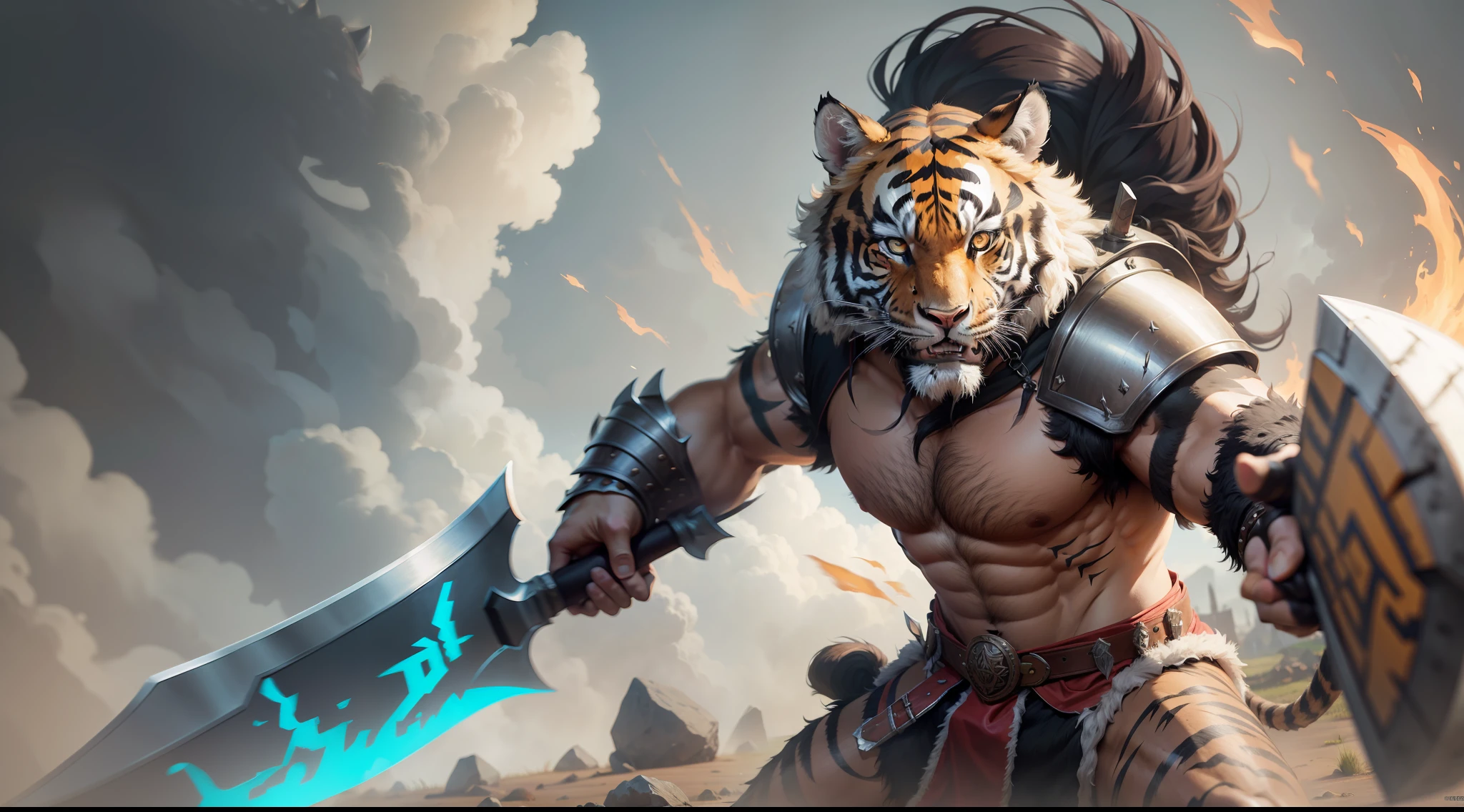 Hairy warrior, tiger head, medieval armor, ((perfect anatomy)), perfect hands, with an axe in hand, claws, masterpiece, UHD, 8K